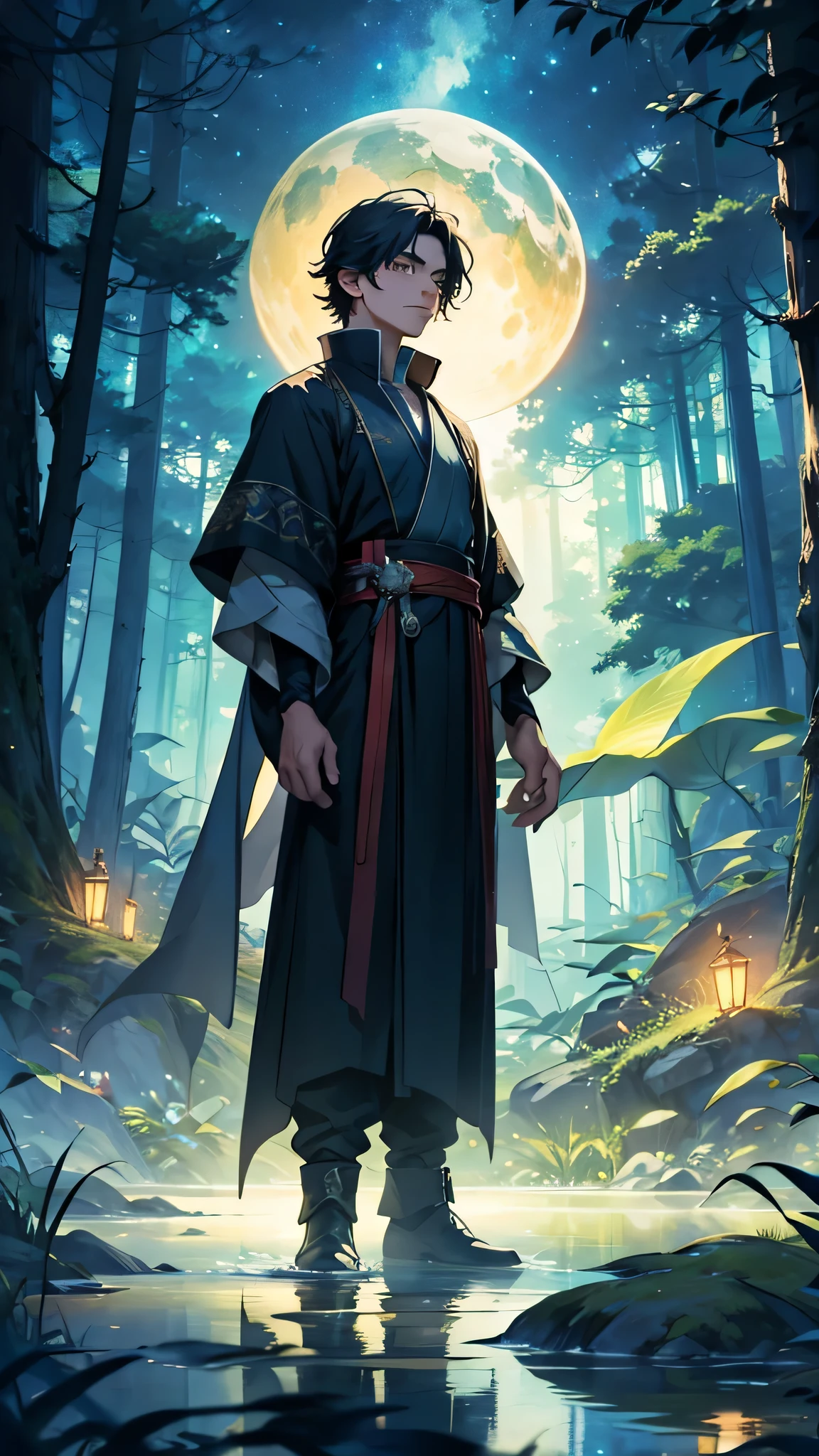 "Create a mesmerizing scene of a young man casually dressed standing amidst the tranquil depths of a dense forest, his gaze fixed upon the vast expanse of the night sky. Above him, a magnificent, luminous planet dominates the celestial canvas, casting its ethereal glow upon the canopy below. Enveloped by the enchanting ambiance of the forest, let the scene come alive with the gentle flicker of fireflies, adding an element of magic and wonder to the serene setting.".", high detailed water painting, vibrant and vivid colours , ultra wide shot, long shot