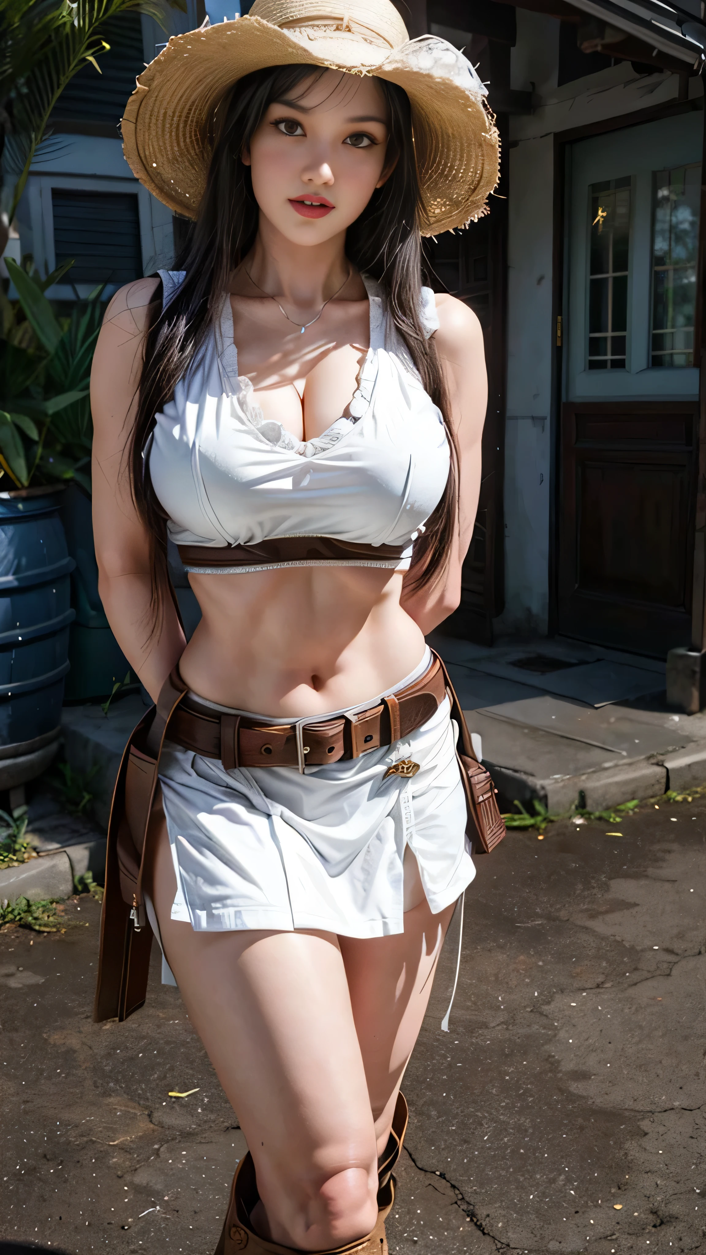 araffe woman in a white top and white shorts posing for a picture, tifa, tifa lockhart, tifa lockheart, glamorous tifa lockheart, seductive tifa lockhart portrait, waist - shot, white skirt and barechest, thicc, yoko matsugane as mai shiranui, cosplay, tifa lockhart portrait, white loincloth