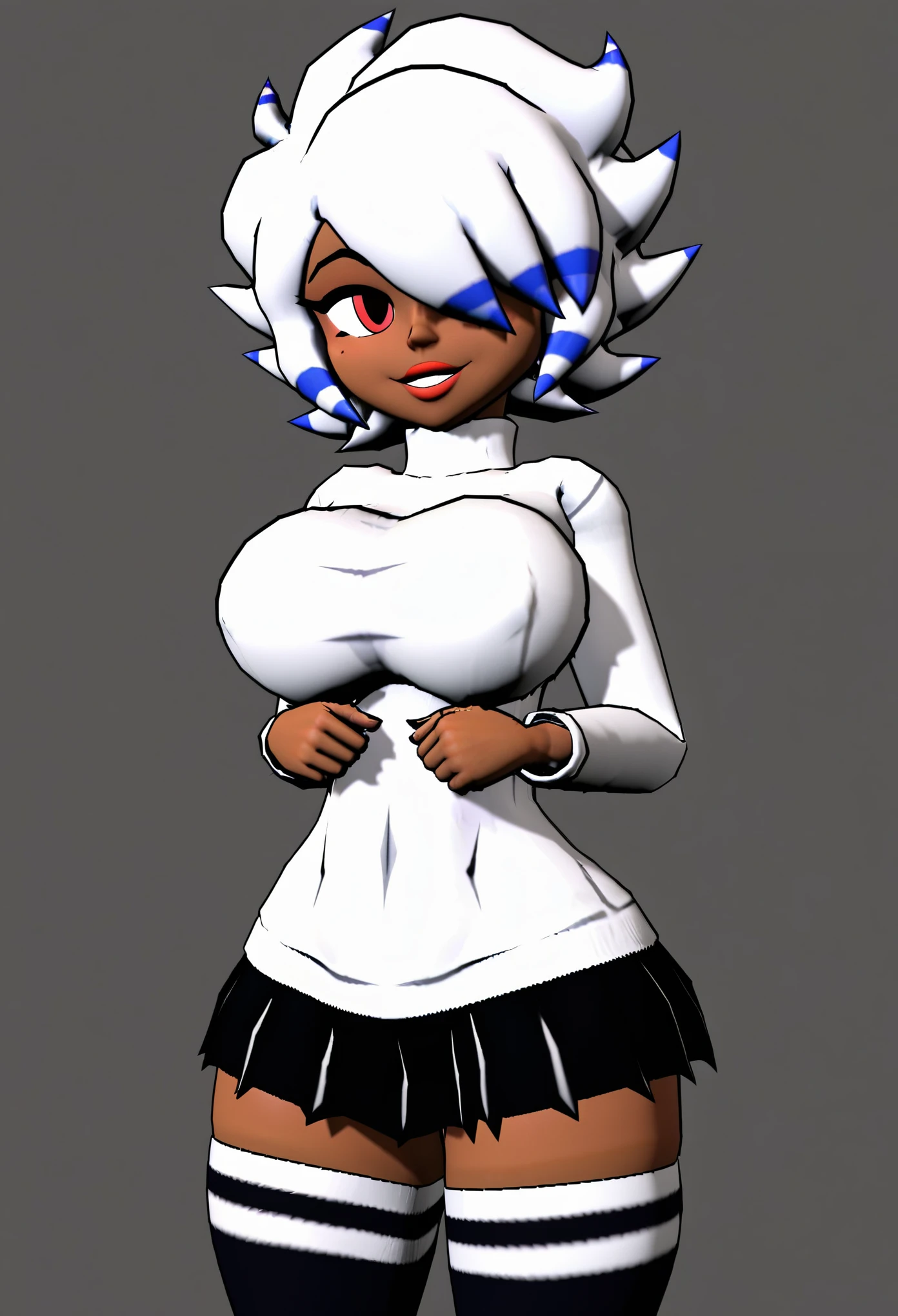 (best quality, masterpiece1.2), 1girl, solo, human, human woman, cally3d, 3d, 3d render, black woman, African American woman, dark skinned female, short hair, curly hair, white hair, white sweater, store background, skirt, stockings, one eye covered, red eyes, 4k, vivid colors, large breasts,