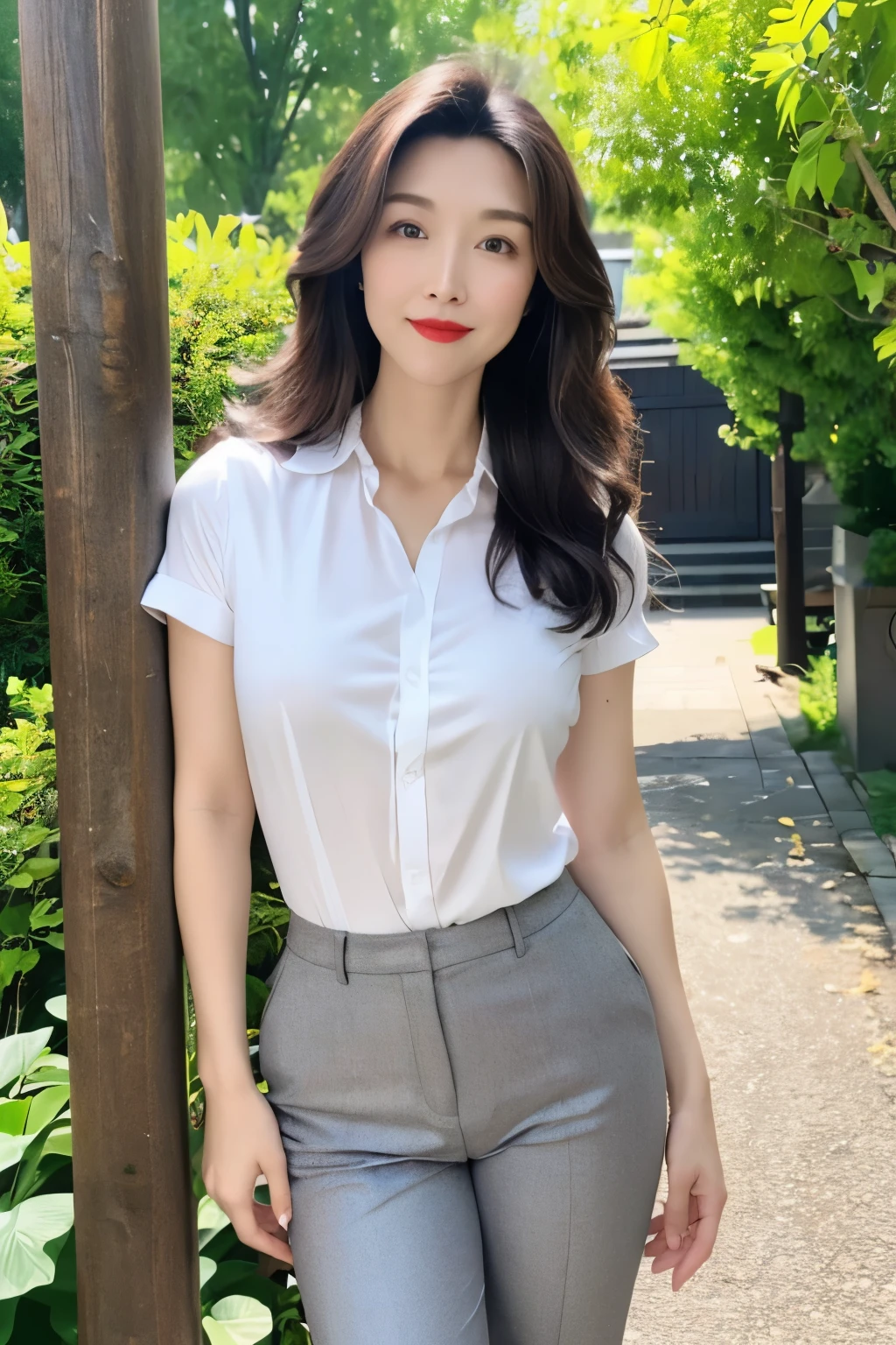 Draw lips correctly, red lipstick, from chest up, best quality, Super detailed, lifelike, Super fine skin, perfect anatomy, (1 日本Mature的女人), (alone),wear white shirt,Buttons clearly visible。short sleeve,gray pants, wavy long hair,
37-year-old female,Mature,charming smile,garden background,stand,Leg length,Chubby,Big breasts,stand up,full-body shot