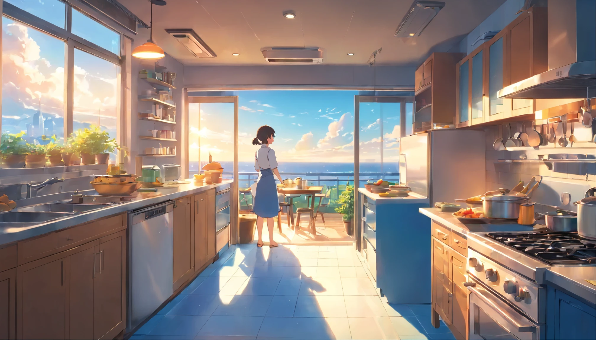 system kitchen、tower apartment、Woman cooking、noon、blue sky