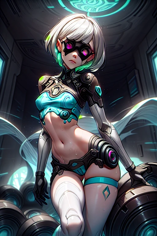 ((**Borderlands 4**))), primer plano en un entorno urbano (((con colores difusos,))) ultra detailed illustration of an aquatic spirit creature(((feminine with 3D projection effects))) complexes of translucent fabric and shiny, hollow cybernetic threads. ((( The pose is dynamic, espectral, with particles of light,))) and the composition is professional and award-winning. (Ofrece libertad creativa, artistic expression and a surreal theme). Diffuse figures and disturbing visual expression (((create an evocative unusual color contrast.))) La obra es de Lekrot (cuello largo), with an elongated neck and a static pose. Certainty and conventionality are challenged in this extreme composition. ( mysticism) antigua diosa; ropas de ceda, traslucidas, ((( estilos urbanos ))) futurista.sexy pose,