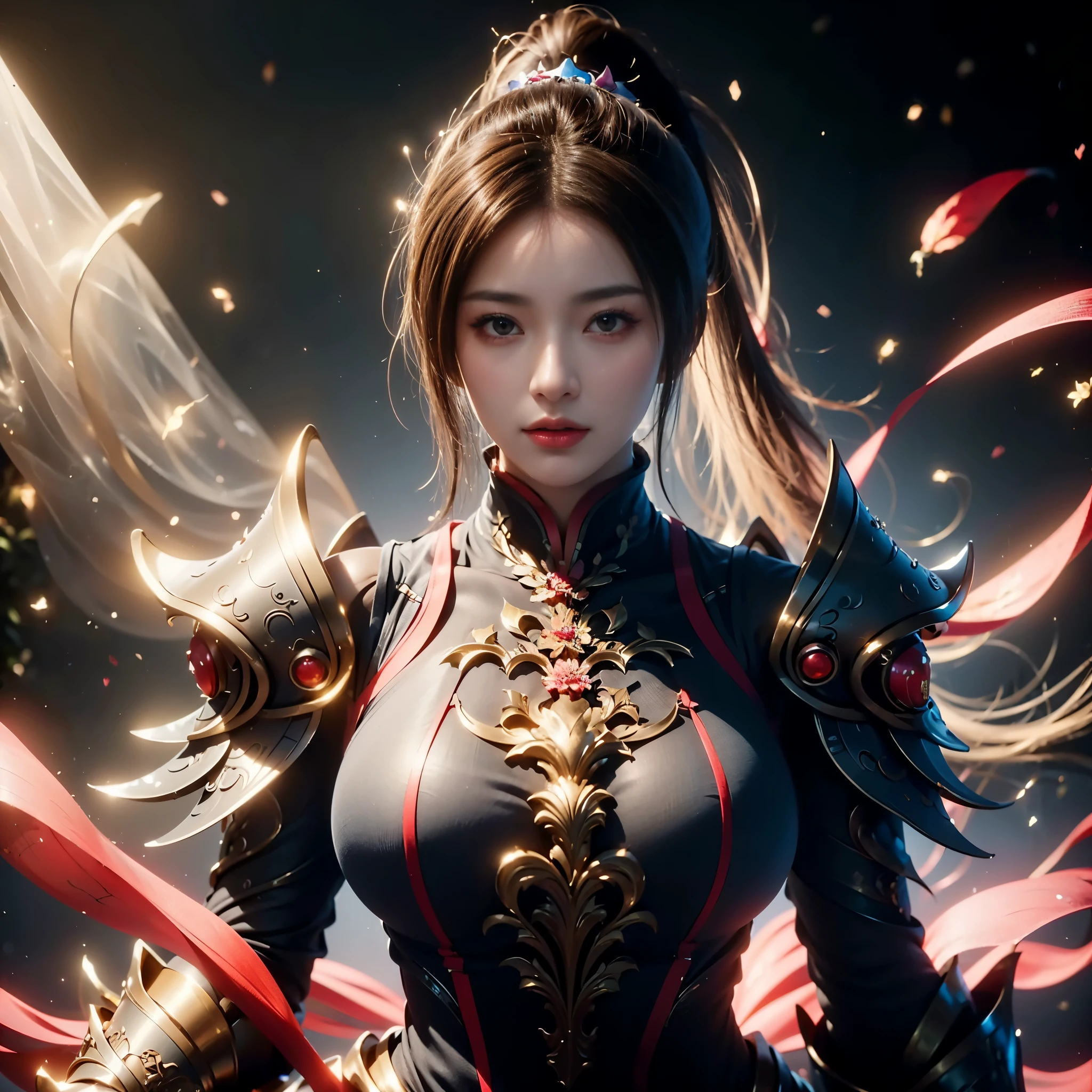 (high quality), (masterpiece), (detailed), 8K, Surreal elastic futuristic depiction (1 girl 1.2), high ponytail，Chinese character wearing complex armor. Meticulous details reflect the fusion of tradition and innovation, Create visually stunning and powerful compositions. Popular topics on ArtStation,Upper body shot，Character centered，from below,(((full body))),