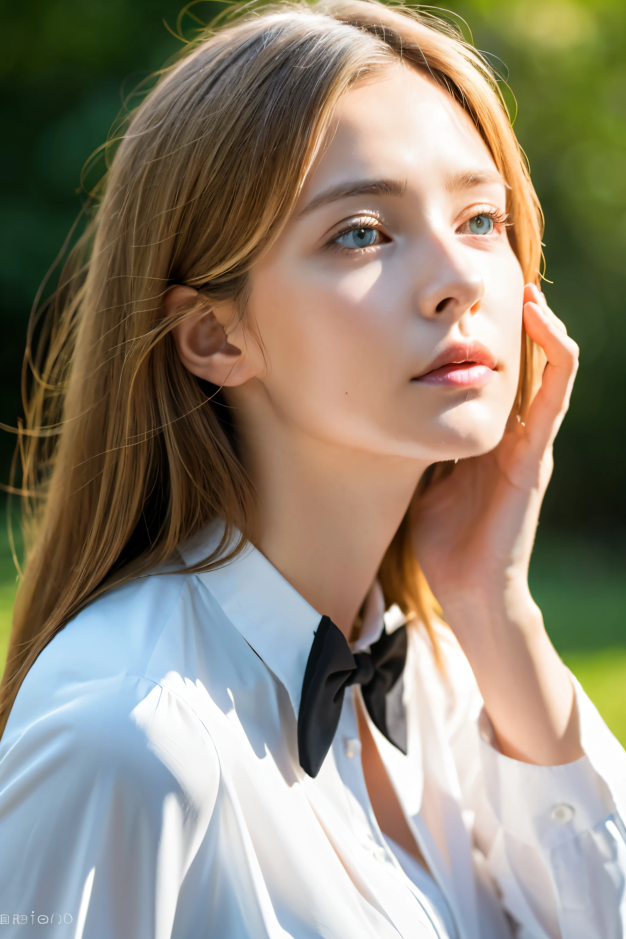 Super detailed, High resolution, realistic, Raw photo, ((real person)), fine skin, (delicate, light brown eyes ), German woman with slanted eyes, calm and calm, bright look、middle hair, thin, white bowtie shirt, The wind is blowing, we say、photorealistic, masterpiece, highest quality, High resolution,
