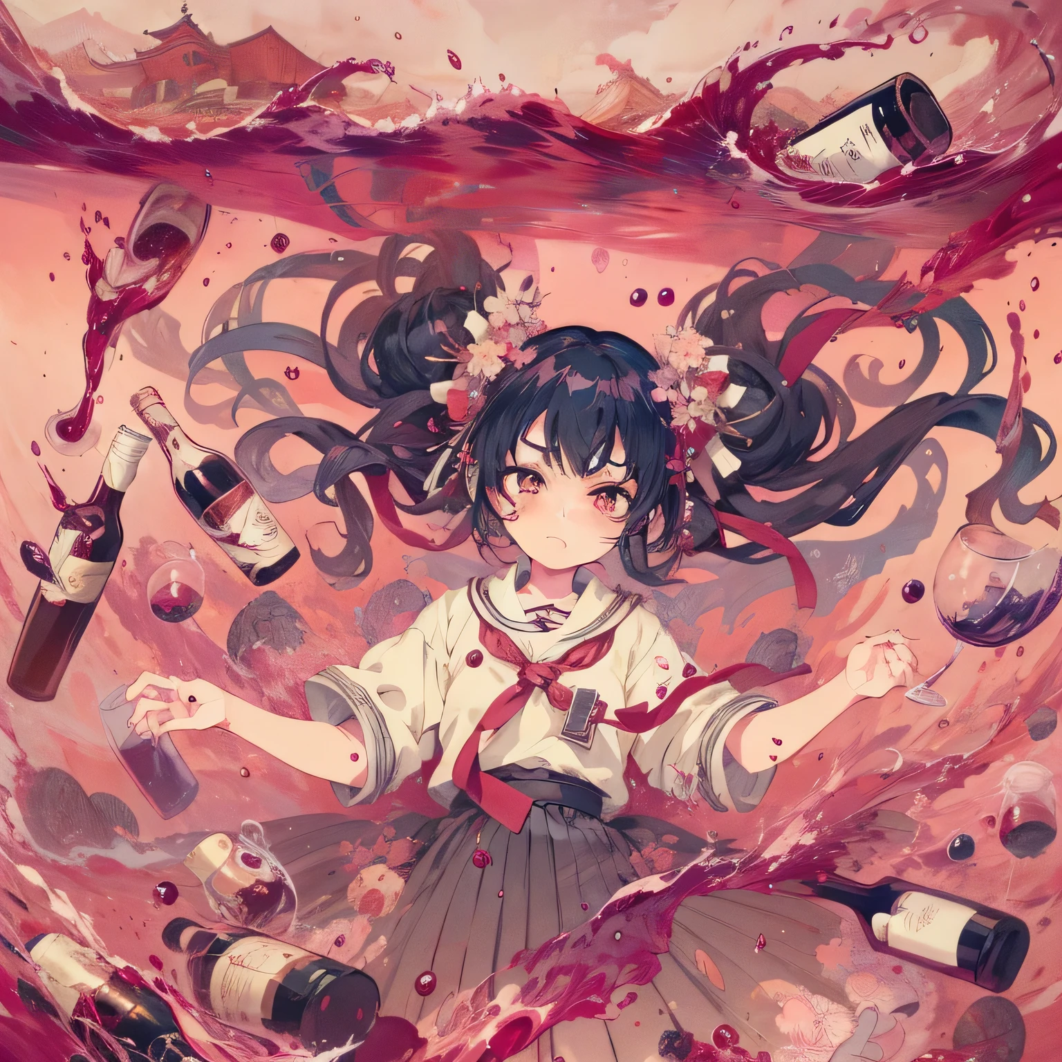Anime girl with blood in her hair and wine bottle, river of wine, Gweiz, artwork in the style of Gweiz, , Gweiz on pixiv artstation, Beautiful artwork illustration, Japanese pop surrealism, anime style illustration, anime illustration, anime style 4k, anime fantasy illustration, Gweiz on artstation pixiv