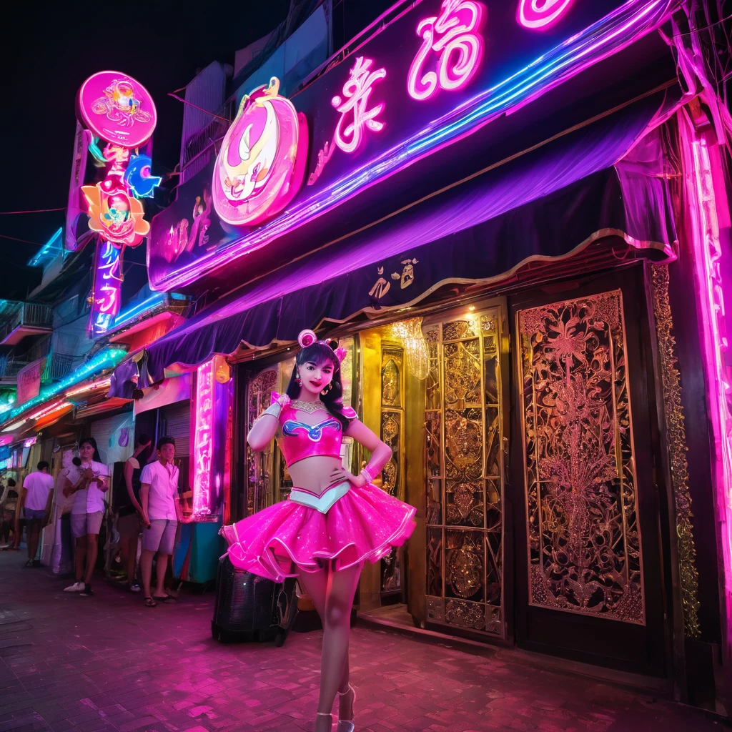 (best quality,highres),A neon sign of sailor moon outside a thai ladyboy bar,nighttime,glowing,anime,colorful characters,lively atmosphere,spectacular lights,enticing entrance,striking appearance,glamorous girls,drag queens,exciting energy,playful,crowded street,thai culture,unique experience,vibrant colors,flashing lights,energetic vibe,neon-pink hues,loud music,dancing,cheerful laughter,fun-filled evening,diverse crowd,sparkling costumes,entertainment stage,attention-grabbing,eye-catching display,memorable night,artistic fusion,traditional and modern influences,detailed decorations,exquisite artwork,meticulous craftsmanship,illusion and fantasy,charming ambiance,party mood.