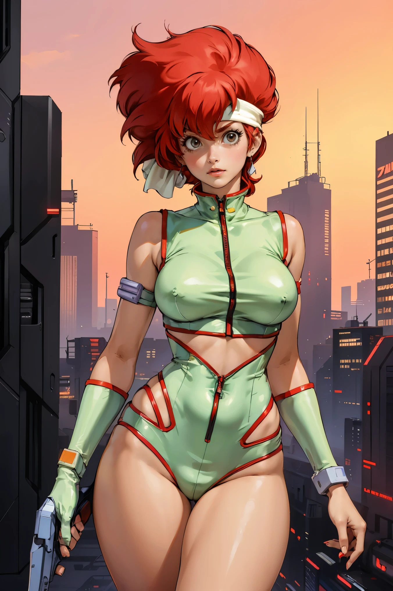 Kei from The Dirty Pair, , wearing a tight outfit, skimpy, medium breast, red hair beauty, cyberpunk city background, holding retro space-gun, headband, slim waist, slim thighs, thigh gap