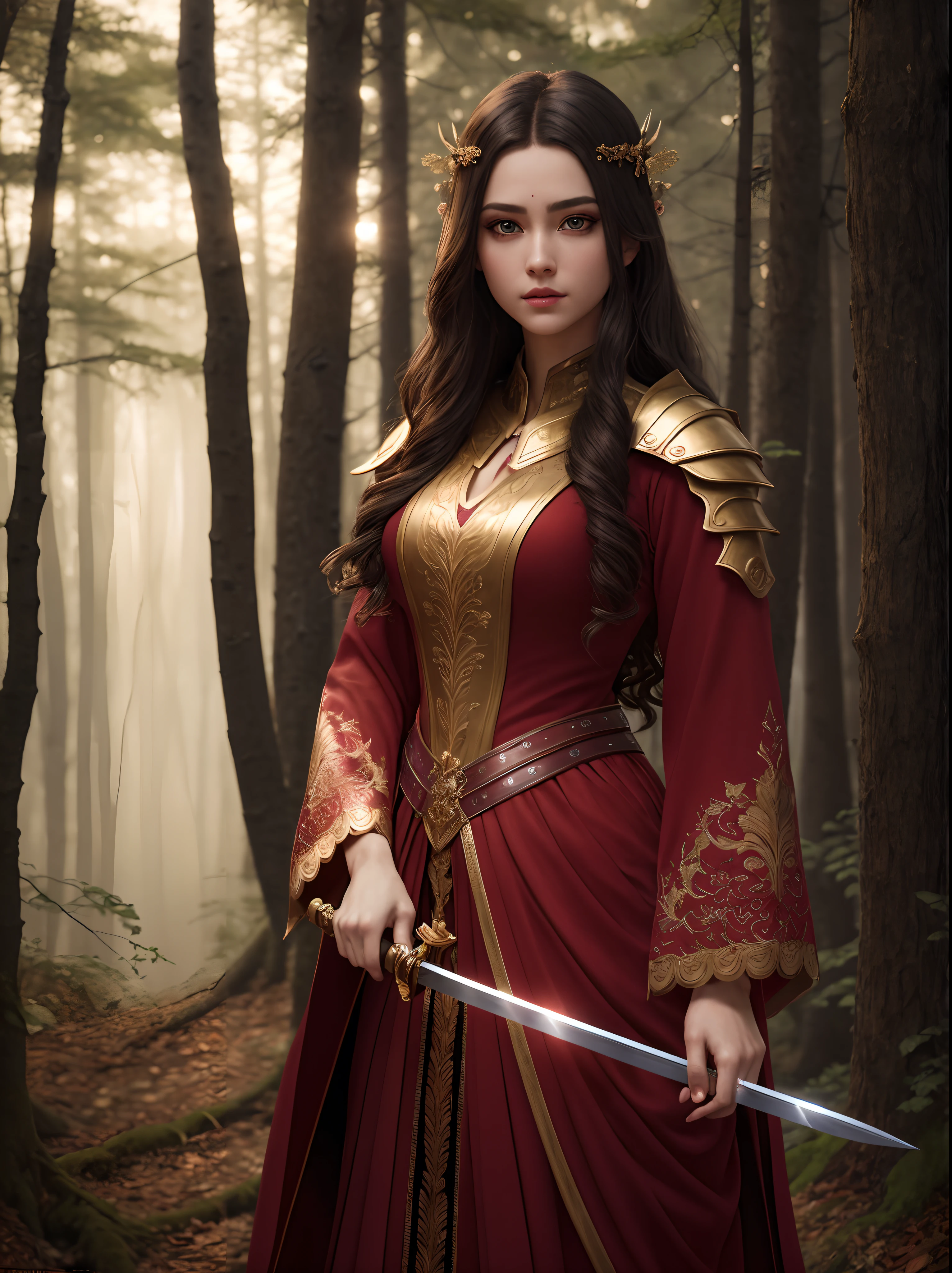 best quality ,masterpiece, thunder swords in hands, an extremely delicate and beautiful, extremely detailed ,CG ,unity ,8k wallpaper, Amazing, finely detail, masterpiece,best quality, extremely detailed CG unity 8k wallpaper,absurdres, incredibly absurdres, huge filesize , ultra-detailed, highres, extremely detailed, beautiful detailed girl, extremely detailed eyes and face, beautiful detailed eyes, (RAW photo, best quality), (realistic, photo-realistic:1.3), fancy red random outfit, layered hair, night time, full body, light on face, standing in the forest.