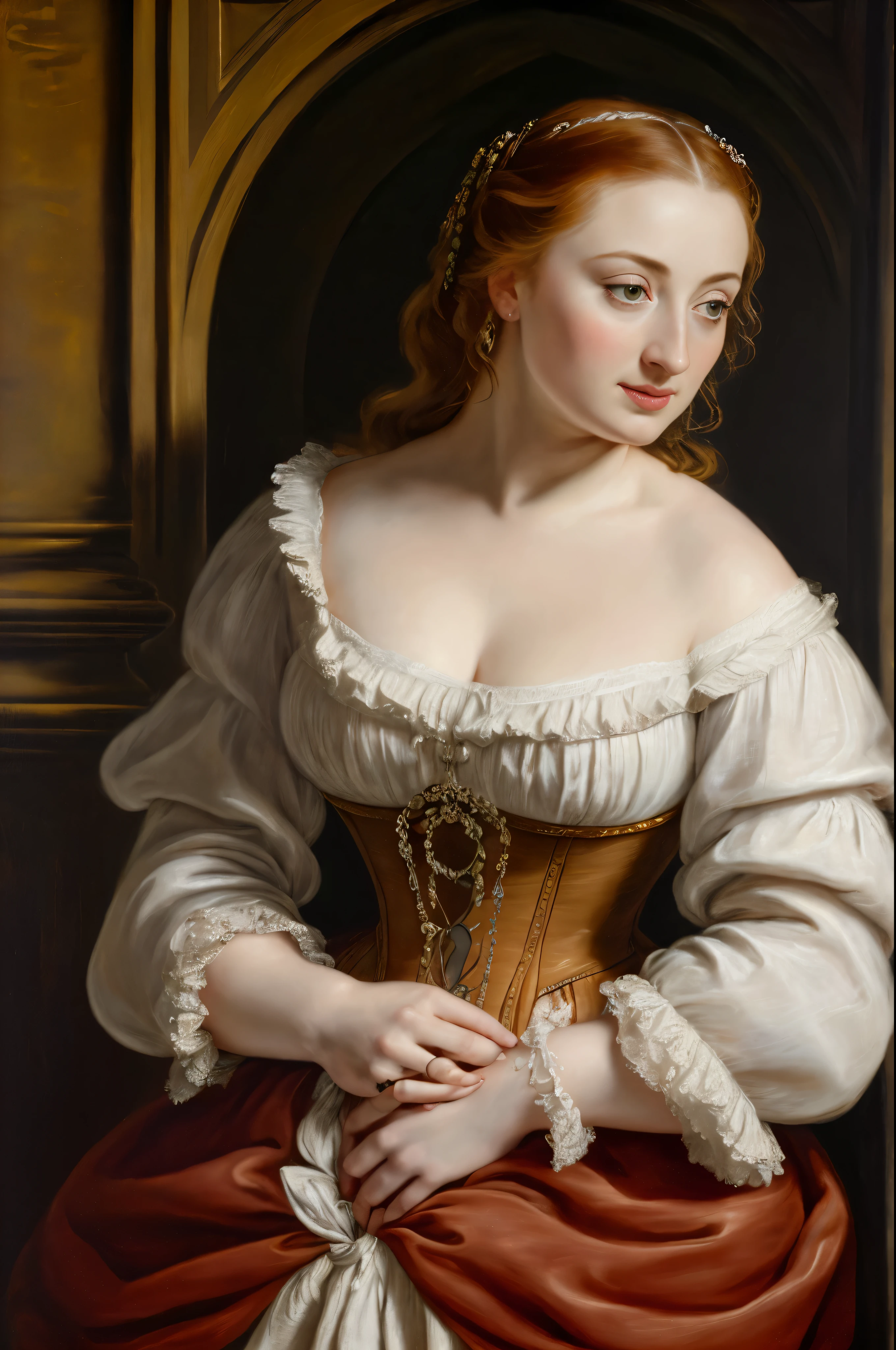 In Peter Paul Rubens style, captivating figure, thick figure, healthy beauty, portrait of Sansa Stark from game of thrones, Sansa Stark played by Sophie Turner, plump face, middle aged beautiful woman, traditional Linnen attire, linen slave clothes of mediaeval period, girl, middle ages, classicism, Peter Paul Rubens style, painting, traditional media, realistic, figurative, fine art, oil on canvas, HDR, 8K, original character, high resolution, high detail, focus on the face, by Peter Paul Rubens,
