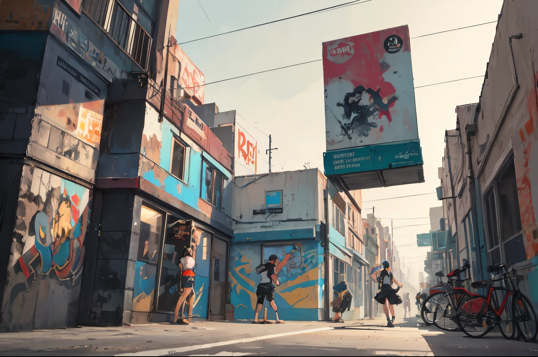 A bustling city alley with graffiti-covered walls and large windows. (best quality, vibrant colors), urban scenery, street art, detailed character interactions, dynamic perspectives, lively atmosphere, realistic lighting, bokeh, high-resolution textures, photorealistic rendering, gritty urban aesthetics, cinematic style, raw and expressive brushwork, contrasting color palette, graffiti artists, passersby, pedestrians, bicycles, vibrant murals, bold and vibrant colors, intricate details, diverse street culture, atmospheric shadows, dramatic lighting effects, bustling energy, authentic street vibes, lively expressions, fashion-forward outfits, modern architecture, architectural elements, window reflections, urban decay, gritty textures, vibrant street signs, tags and stickers, hidden alleys, concrete textures, texture-rich backgrounds, urban exploration, vibrant and lively environments, creative expressions, dynamic poses, energetic movements.