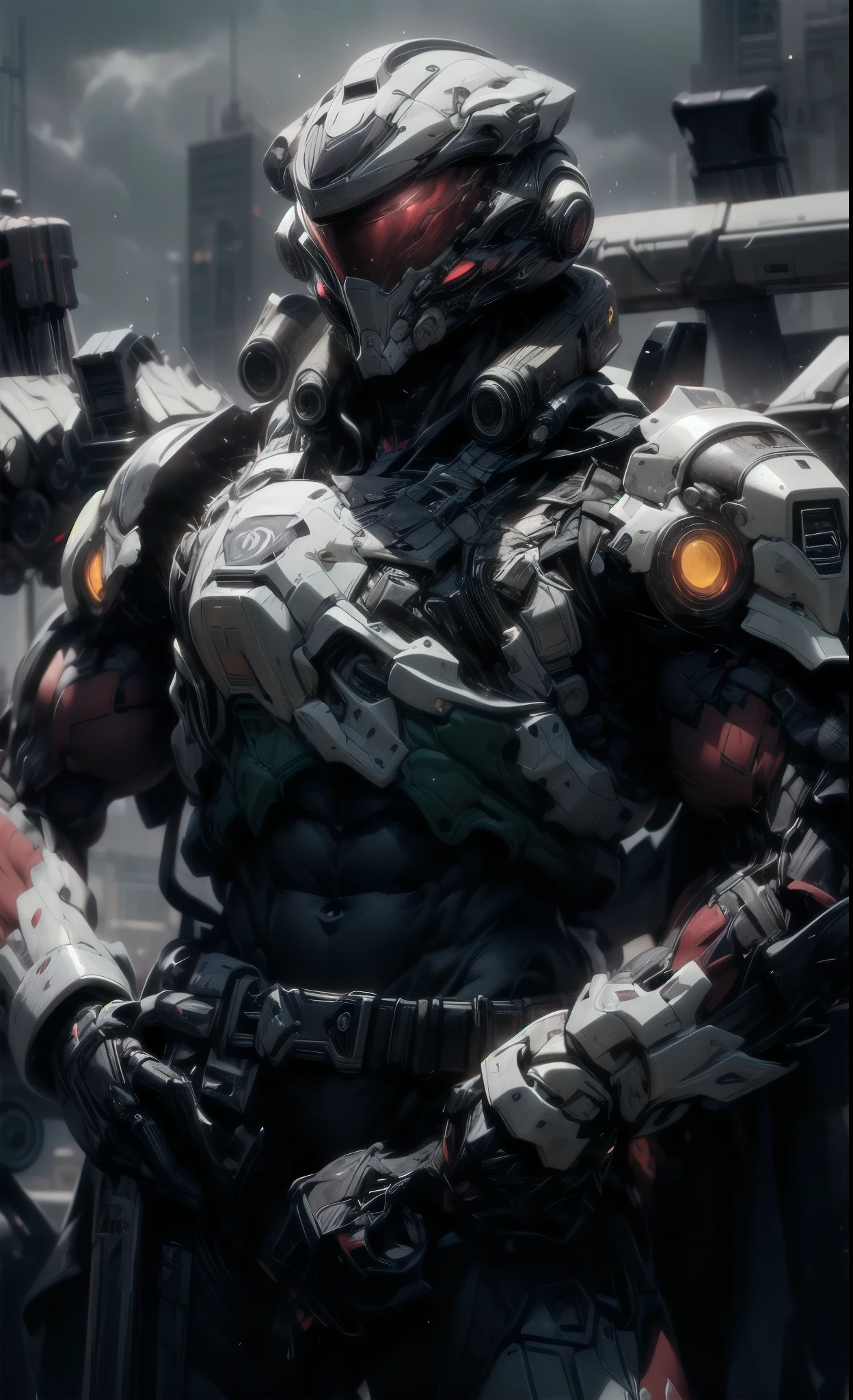 (((epic and visually stunning complex digital anime masterpiece:1.6, elegant decorated tactical military cyborg:1.3, ((gorgeous feminine male physique:1.3, graceful:1.4)) space soldier:1.3))), (((heavily muscled masculine chest:1.4, chiseled abs:1.4, heavily toned:1.4, slim yet muscular:1.3))), (((complex and beautiful:1.3, tactical:1.3, stunning scifi fantasy style:1.5, beautiful scifi style mechanical helmet:1.5, polarized visor:1.5))), (((elegant tactical double breasted trench coat:1.5, sleek exoskeleton:1.3))), (((form fitted armor plating:1.3, super sleek sensually revealing under suit:1.5, waist and thighs exposed:1.5)), ((flamboyant feminine essence:1.4, heavy mechanical gothic aesthetic:1.4)), ((androgynous body build)), (((toned yet heavily muscled gorgeous femboy physique:1.4, gorgeous perfectly defined muscles:1.4, toned sleek mechanical arms and legs:1.4, thick well rounded thighs:1.5, mechanical muscles))), ((((depth of field, cinematic lighting, chromatic aberration, ray tracing, UHD, masterpiece, top of head covered, super detail, high details, high quality, award winning, 8k, highres)))):1.6, (((dieselpunk, decopunk, artificial muscle))):1.6, (((beautifully engraved artdeco scifi style design:1.4, red and white armor:1.4)))