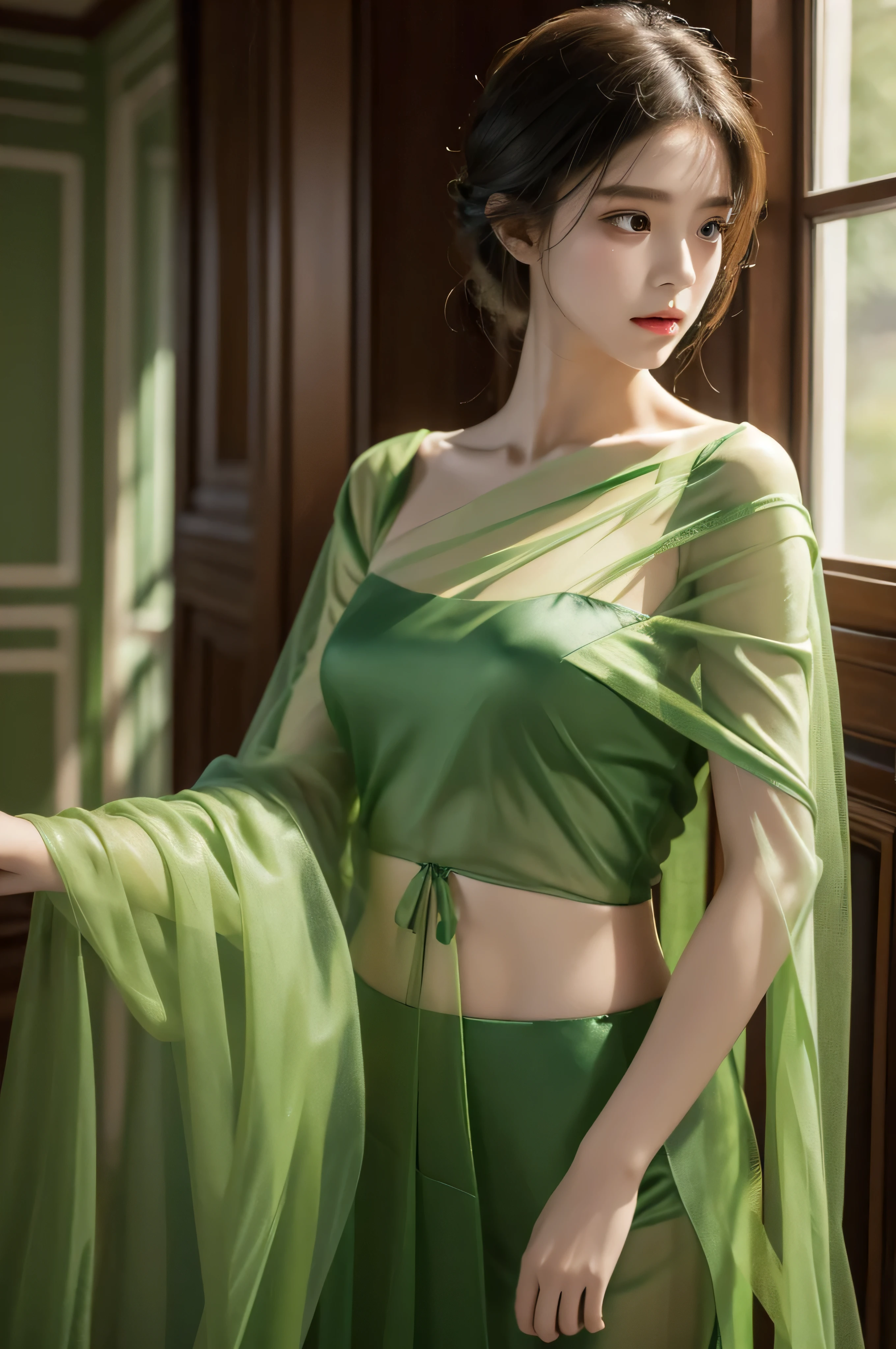 Fair, masterpiece, best quality, extremely detailed face,1 girl, alone，wrap your chest，Lilac Hanfu，whole body