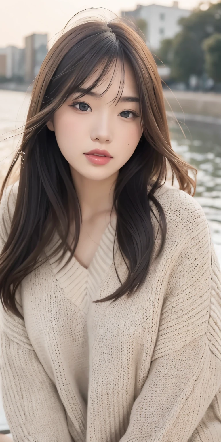 a girl walking on the river, mix 4, sweater, pillow, lips, Open_mouth, realistic, photograph_\(Moderate\), alone, Packed_animal, Packed_toy, teddy_bear, (masterpiece), (realism: 1.3), Super detailed, (high detail skin: 1.2), (highest quality: 1.0), (super resolution: 1.0), (Ulzzang-6500: 0.3), wavy detailed hair, long hair, sunlight, (beautiful detail makeup), (sexually aroused blush, heavy breathing: 1.0), Flower theme petals are scattered, (soft light flower: 0.5)