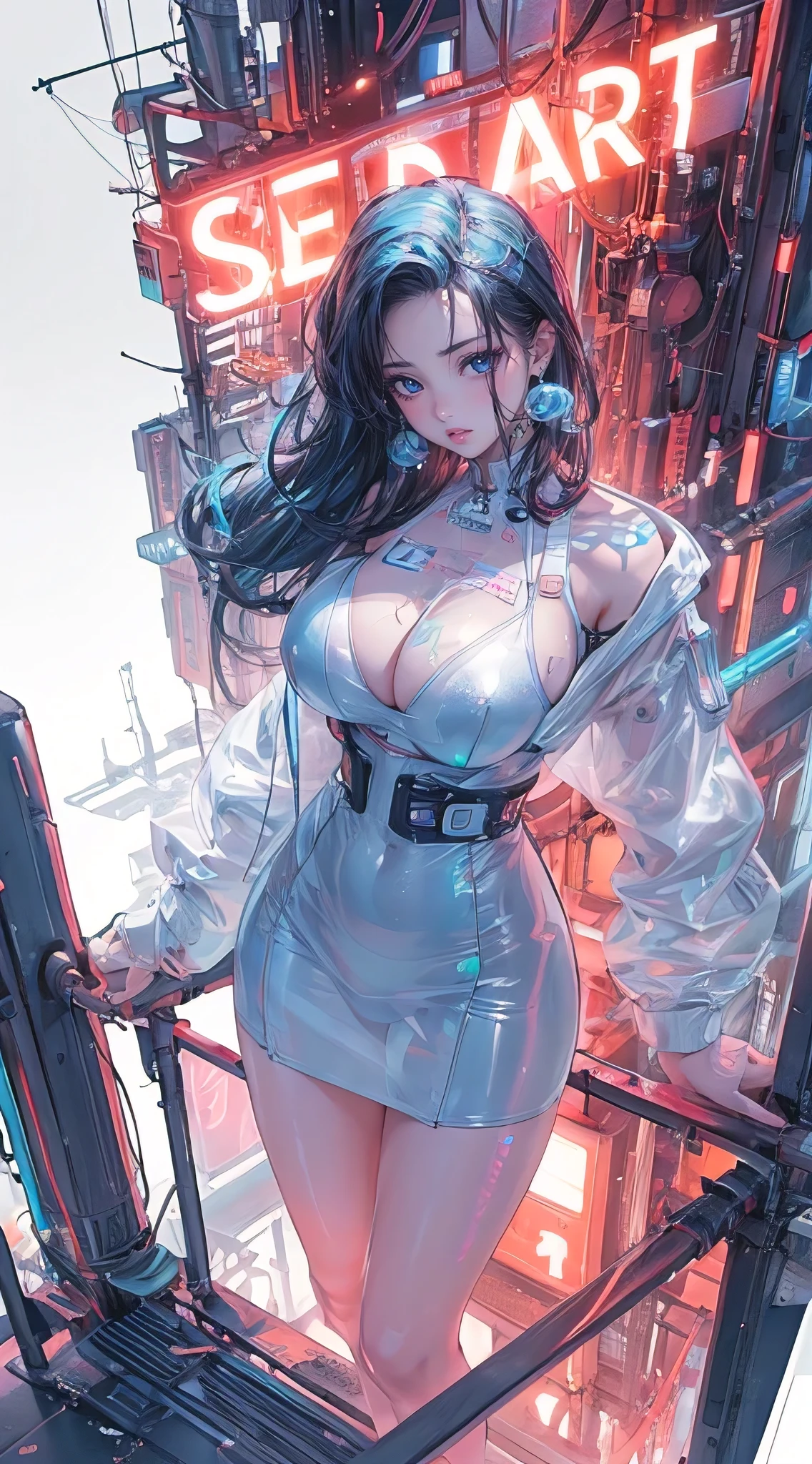 perfect body, (huge breasts), neo punk, "SEAART" sign, neon light packshot, white background, highlight neon light, wide angle