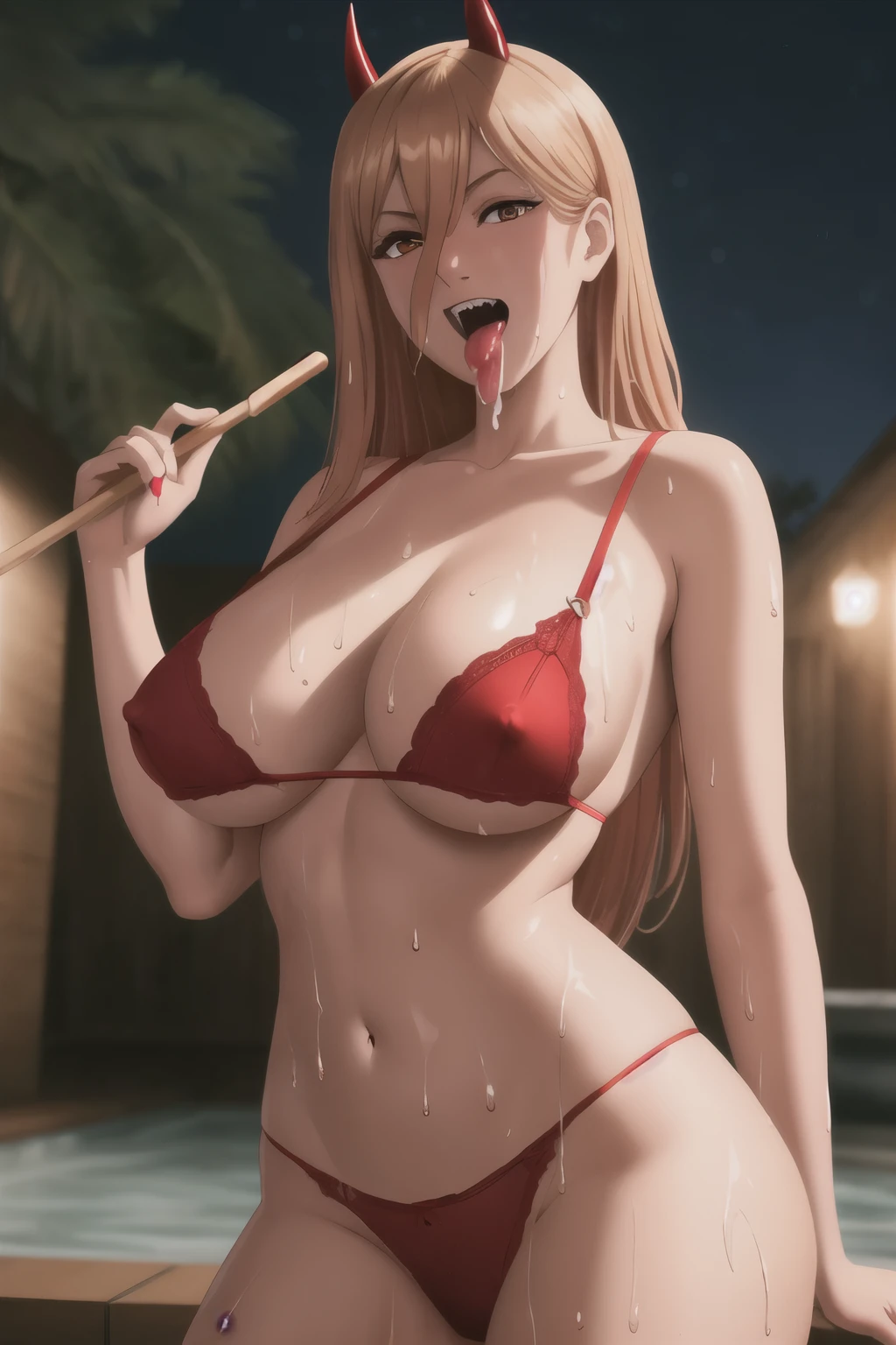 depth of field, digital painting, horns on head, small horns, devil horns, seductive smile, open mouth, saliva, licking popsicle, looking at viewer, bokeh, stars, alex ross, huge breasts, large breasts, big breasts, big tits, huge tits, large tits, red panties, red underwear, red thong, sexy panties, red lingerie, wet titties, no bra, no shirt, naked top, nude top, nipples, hard nipples, wet breasts, pussy showing