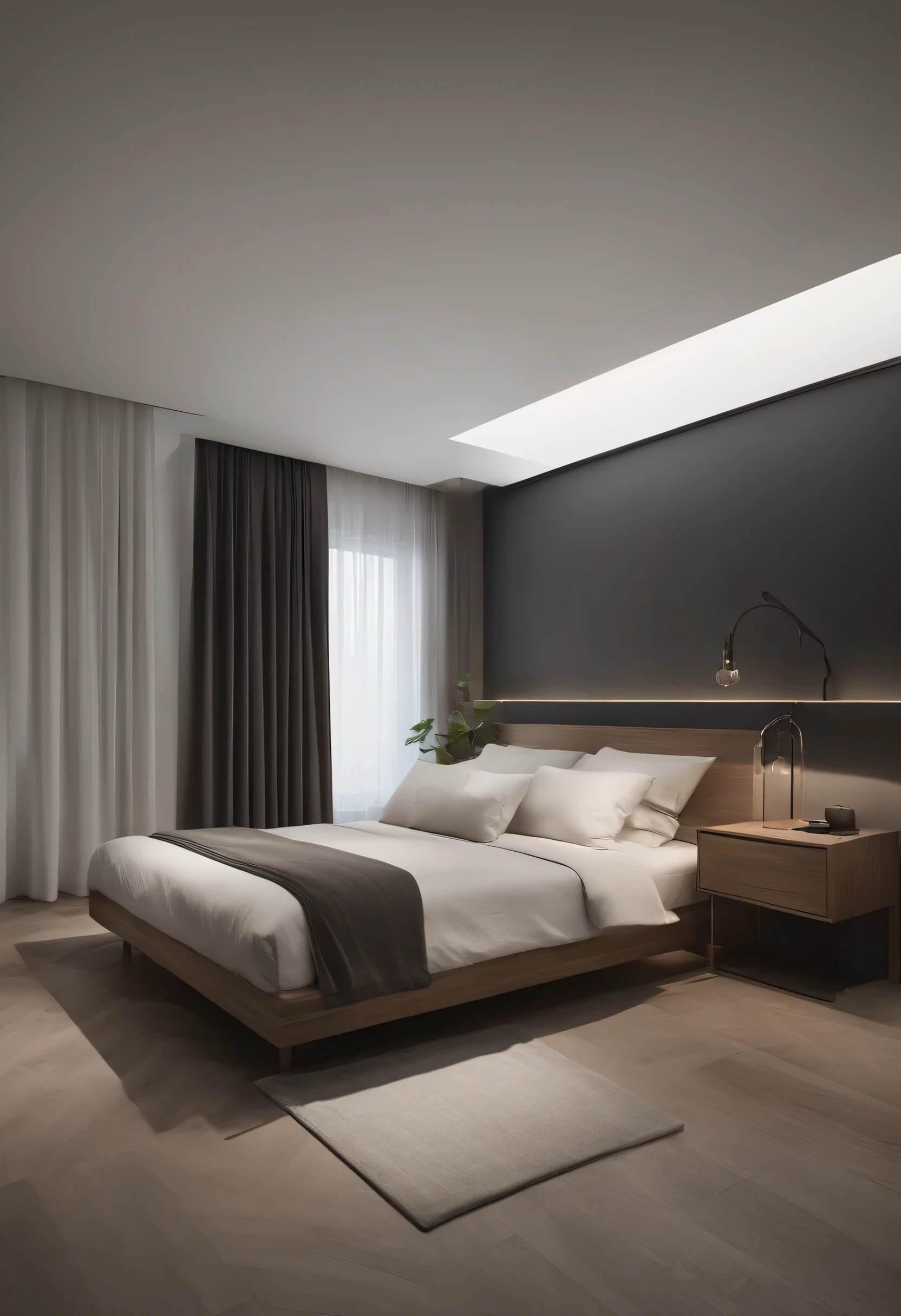 simple room design，The main color of the background wall is dark gray，Gray and white large area wall，Bed linen white，Wardrobe white，Pair with warm light，HD，white furniture，simple design，Oak white wood floor，white carpet