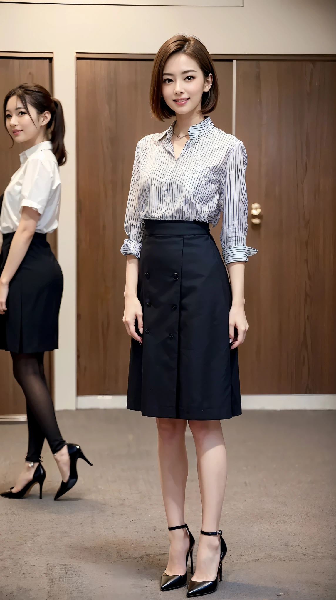 (highest quality, masterpiece, realistic, Super detailed, ultra high resolution, to be born:1.3), (3 girls:1.5), beautiful, Japanese, mature, 28yo, office workers, (tight knit, short skirt), ({money| Silver| wine-red| navy| pink| yellow green| violet| sky blue} Clothes), (smile), (bangs), high waist, necklace, (office, indoor, glass room), (long legs, high heels, full body:1.2), (Medium chest:1.3), (crowd)、The first one is Keiko Kitagawa.,The second person is Haruka Ayase.,3The first person is Kanna Hashimoto,(A very cute 20 year old young woman from Japan), ((delicate hair between brown and blonde)), ((messy side wave short hair)),medium bust size、small breasts、 (((clean hands))),(curly hair),(((とても優しいsmile))), (((彼女はpinkと赤とマゼンタのレースのパンティーを着ています))),(((Wearing a black tight skirt, but、it is'turned over in her hands.))),(((He is wearing a black and white vertical striped shirt。))) ((highest quality, 16k, table top: 1.3)), light shines on your face, highly detailed face, highly detailed lips, fine eyes, city street