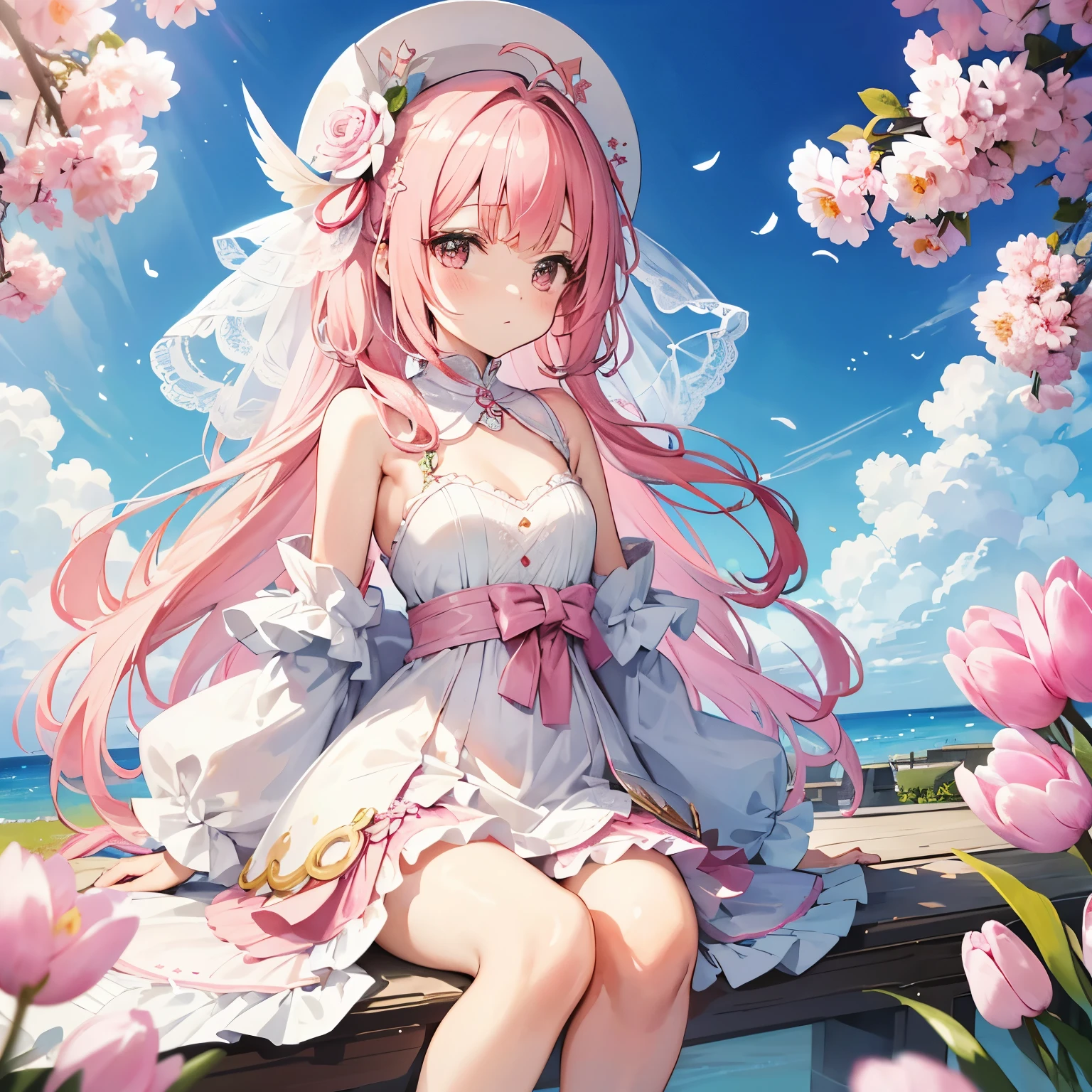 watercolor style illustration, hair ribbon, tulip, tulip、 and girls, dream, pastel colour, cute, wonderful, cute girl with fluttering petals, pink image and pink hair、たくさんのtulip、tulipイメージのドレス、tulipを逆さまにしたようなドレススカート部分、pearl decoration、white and pink、very light pink hair、Thick coating、Fluffy clothes、breeze、spring、tulipの花冠、Hand-drawn illustrations、sit in a big chair、goblin、light pink transparent feathers、tulip模様の羽、translucent feathers、clothes like wedding dress