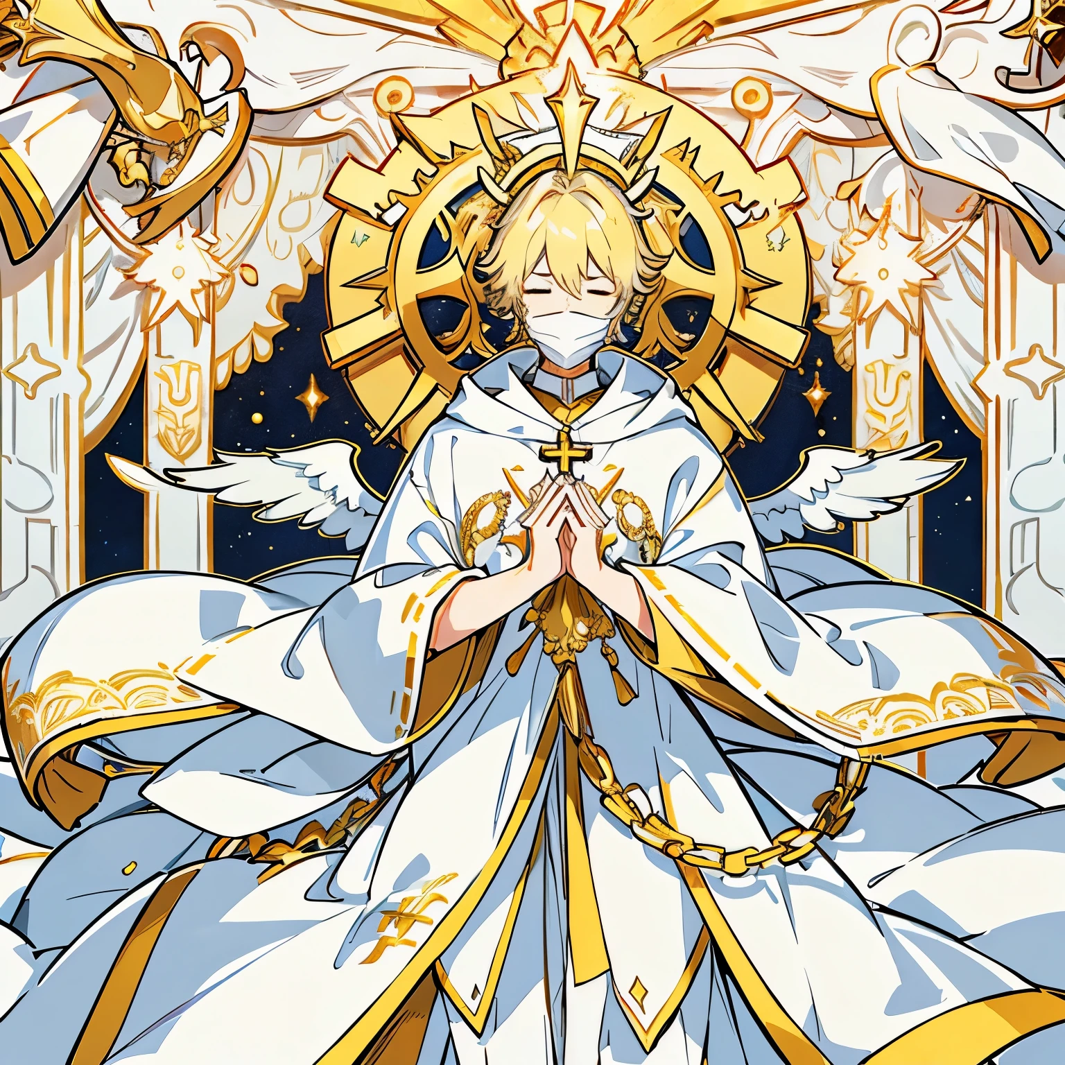 A male with medium length blond hai, wearing a gold angelic face mask over his face, the eyes are closed, his hands are in the prayer position, he wears white Catholic robes with ornate gold accents with four wings ,and a gold halo
