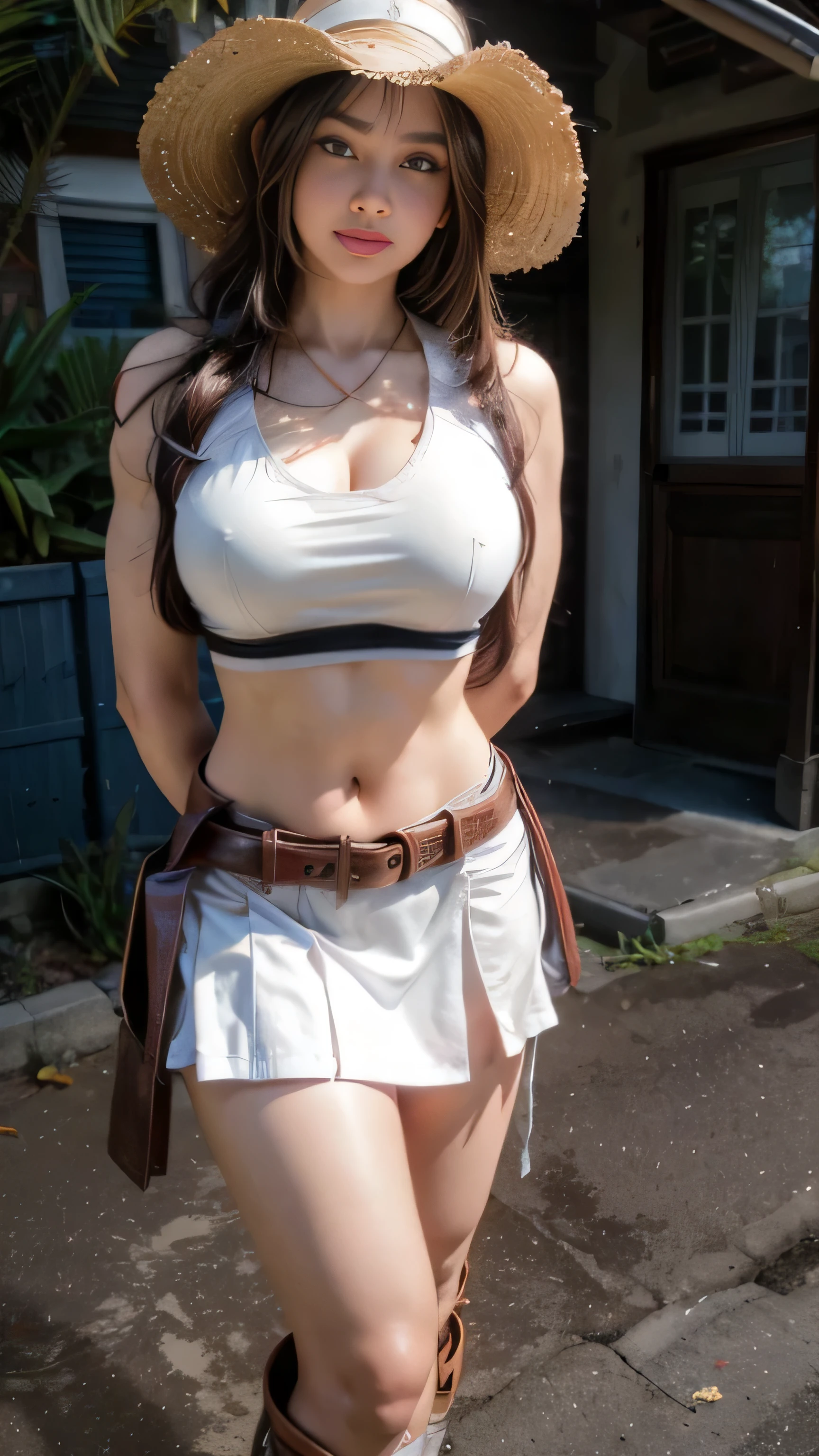 araffe woman in a white top and white shorts posing for a picture, tifa, tifa lockhart, tifa lockheart, glamorous tifa lockheart, seductive tifa lockhart portrait, waist - shot, white skirt and barechest, thicc, yoko matsugane as mai shiranui, cosplay, tifa lockhart portrait, white loincloth