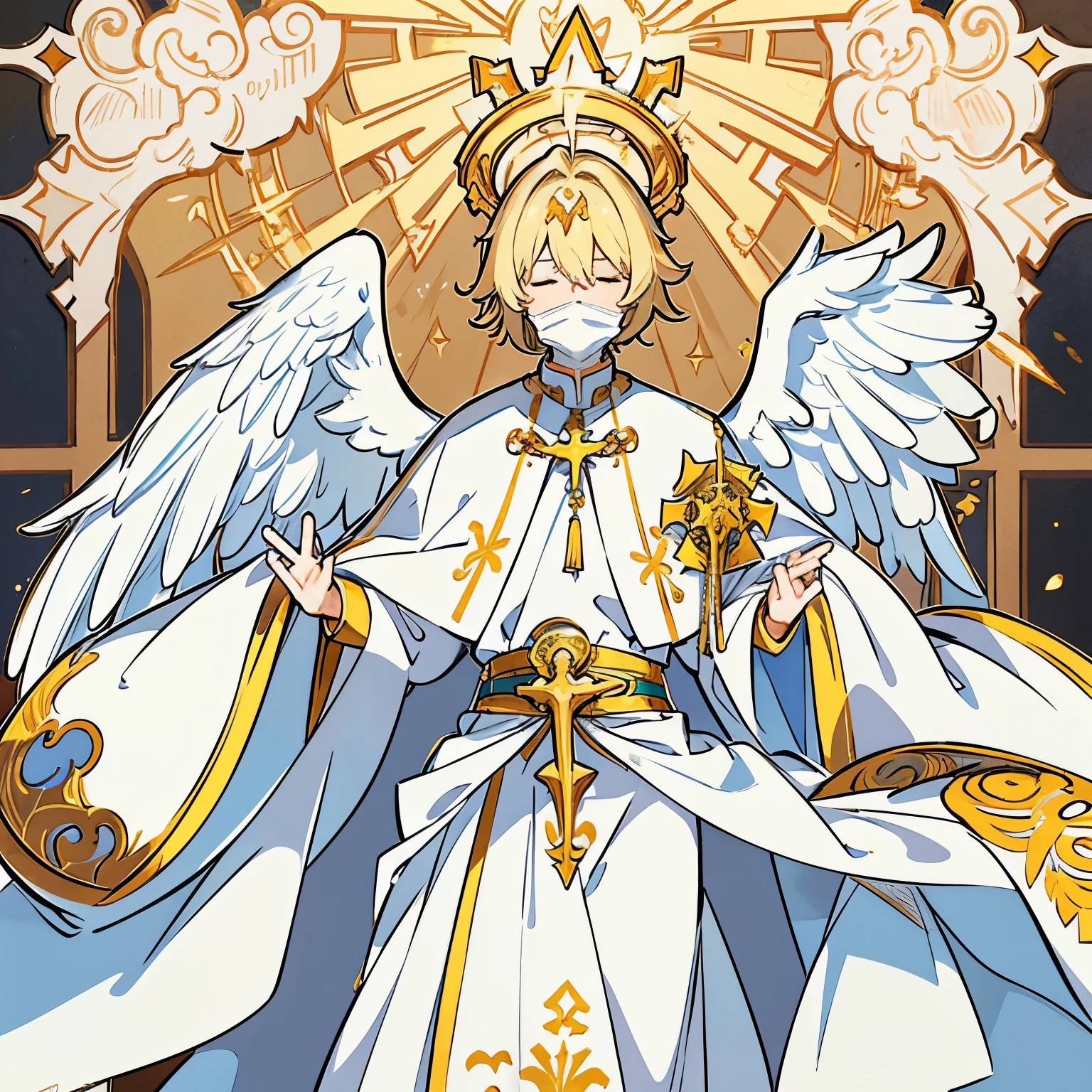 A age male with medium length blond hai, wearing a gold angelic face mask over his face, the eyes are closed, his hands are in the prayer position, he wears white Catholic robes with ornate gold accents with four wings ,and a gold halo