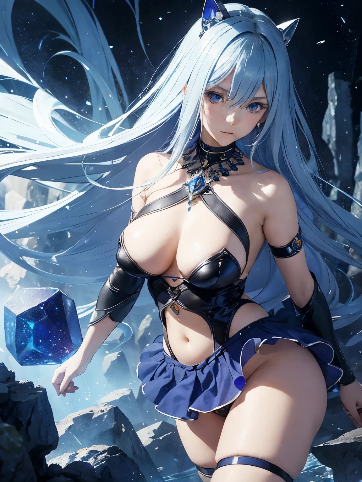 John Bauer, Roch Urbaniak, Surreal, mysterious, strange, fantastical, fantasy, sci-fi, Japanese anime, crystal cave, miniskirt beautiful girl mining lapis lazuli crystal, perfect voluminous body, detailed masterpiece Hyper Realistic sharp focus zoom in low high angles real