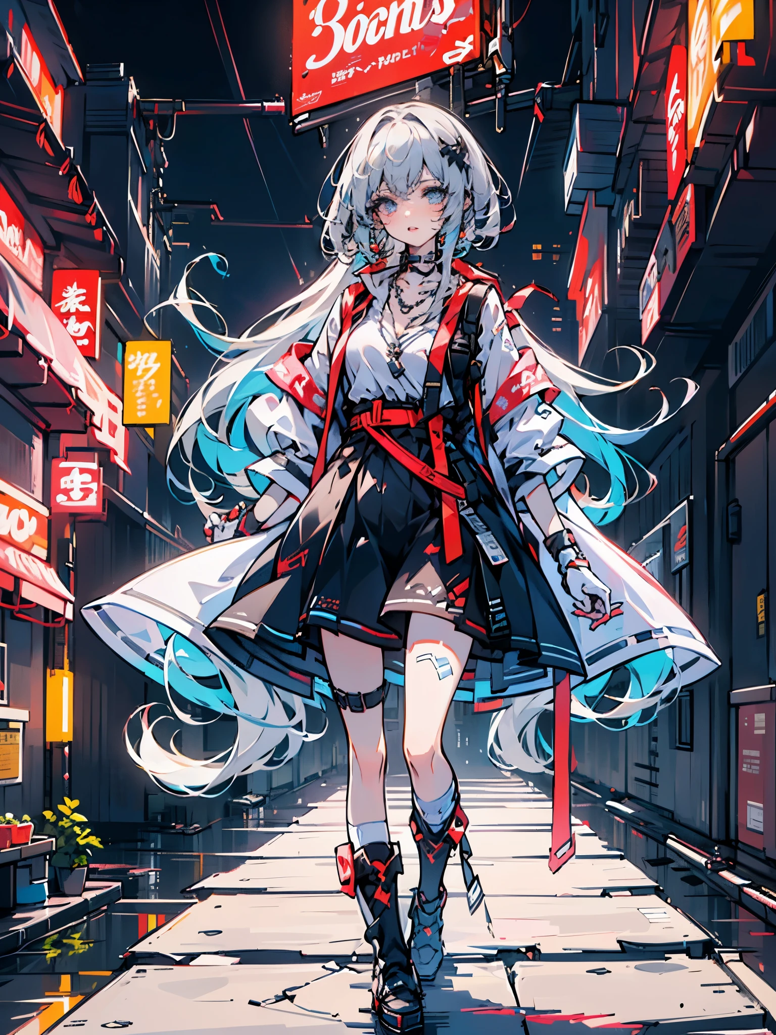 ((film grain, Bokeh, light particles ,dust particles, extreme shooting angles.)),, first place girl, eyebrows up, night, street lamp, gray hair，Reasonable design,high definition,black and red pattern、、(blue eyes)、shorts、hair accessories, necklace, 8K Ultra HD,boots，Very tall，Straps