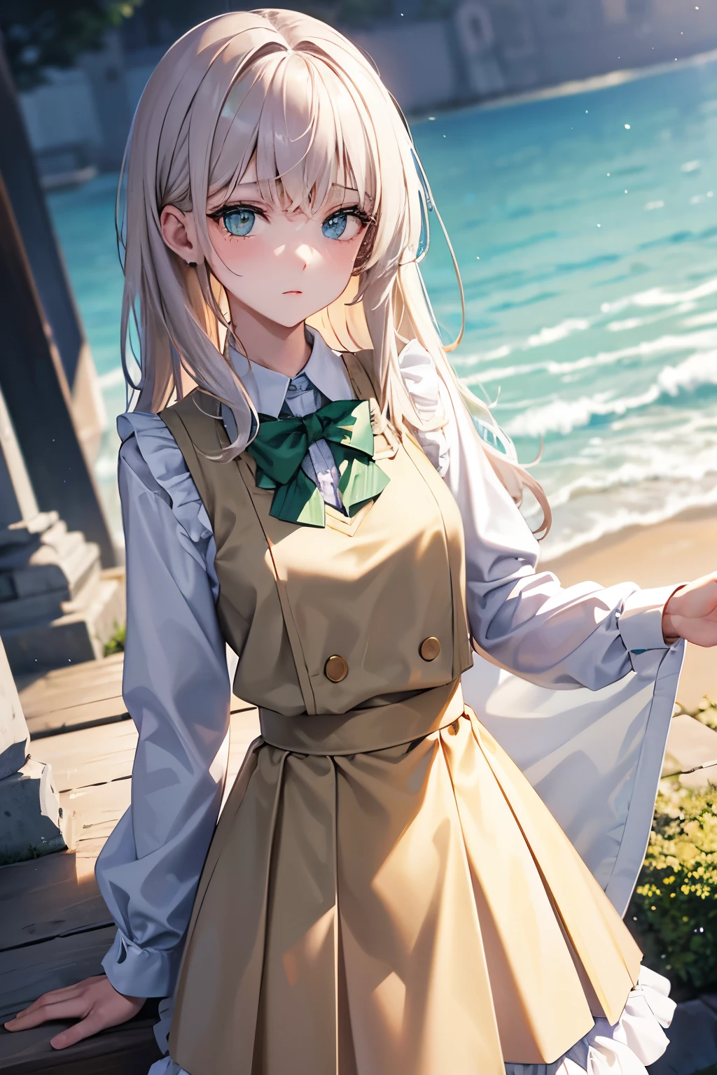 best quality, super fine, 16k, incredibly absurdres, extremely detailed, intelligent beauty, blank look, blurry look, wistful look, ivory medium hair, wearing high school summer uniform, dull beige vest, green eyes, superlative body proportion, BREAK , background variety of visual styles that combine various artistic elements like a sparkling iridescent pastel and vivid colors