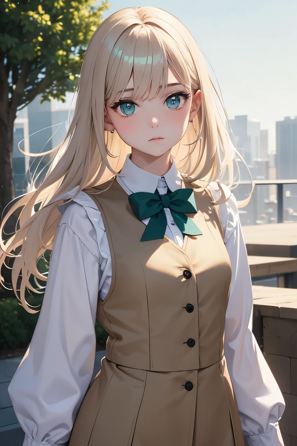 best quality, super fine, 16k, incredibly absurdres, extremely detailed, intelligent beauty, blank look, blurry look, wistful look, ivory medium hair, wearing high school summer uniform, dull beige vest, green eyes, superlative body proportion, BREAK , background variety of visual styles that combine various artistic elements like a sparkling iridescent pastel and vivid colors