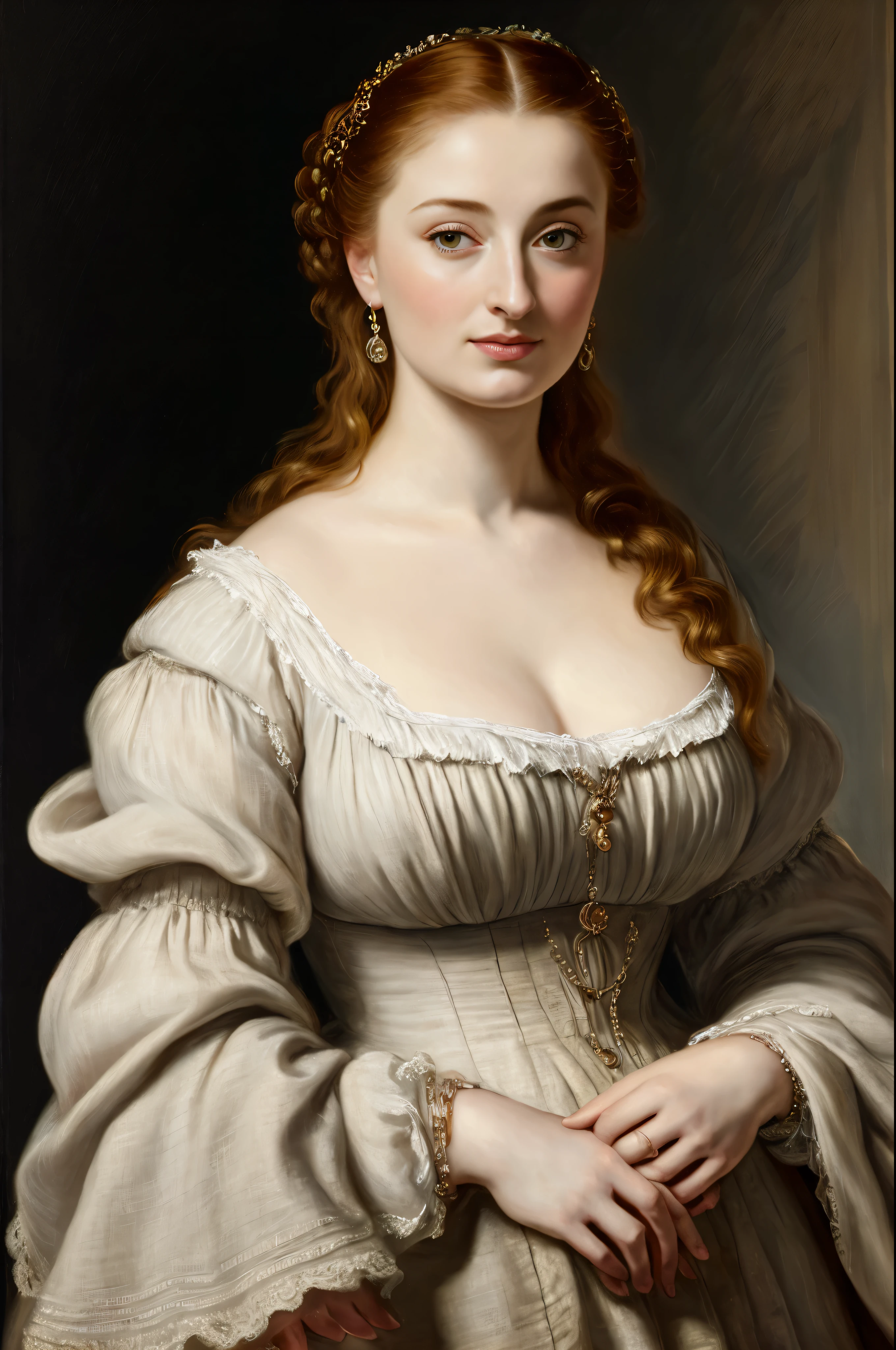 In Peter Paul Rubens style, captivating figure, thick figure, healthy beauty, portrait of Sansa Stark from game of thrones, Sansa Stark played by Sophie Turner, plump face, middle aged beautiful woman, traditional Linnen attire, linen slave clothes of mediaeval period, girl, middle ages, classicism, Peter Paul Rubens style, painting, traditional media, realistic, figurative, fine art, oil on canvas, HDR, 8K, original character, high resolution, high detail, focus on the face, by Peter Paul Rubens, 