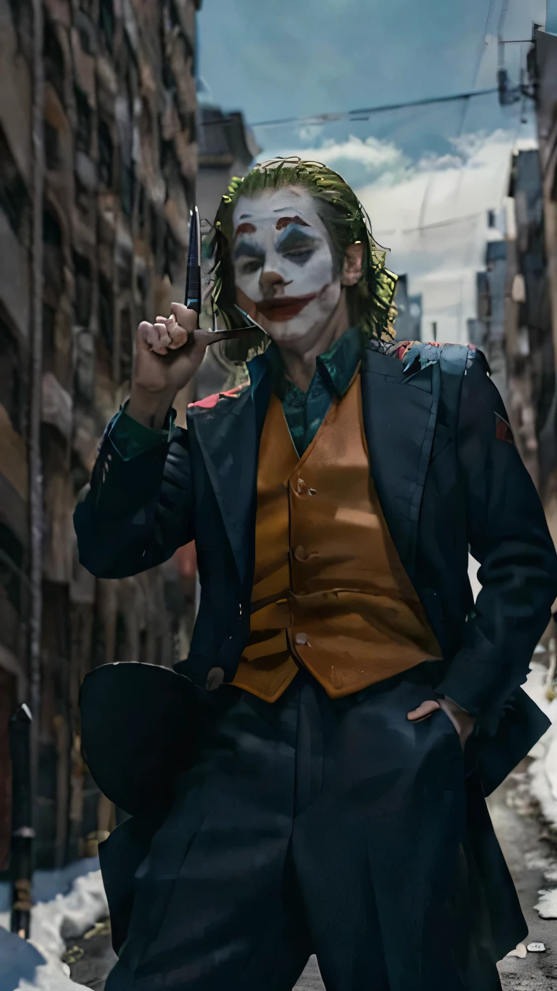 a pic of joker, using police uniform, holding knife, snow bcakground, attractive, masterpiece