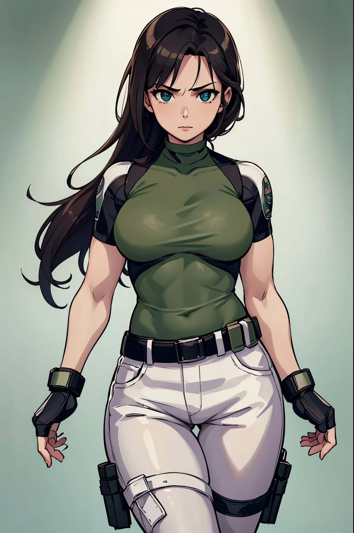 masterpiece, best quality:1.2), expressive eyes, perfect face, highres, 1 girl, solo, (female:1.5), chris redfield, green taut shirt, white pants, fingerless gloves, belt, standing, portrait, looking at the viewer,