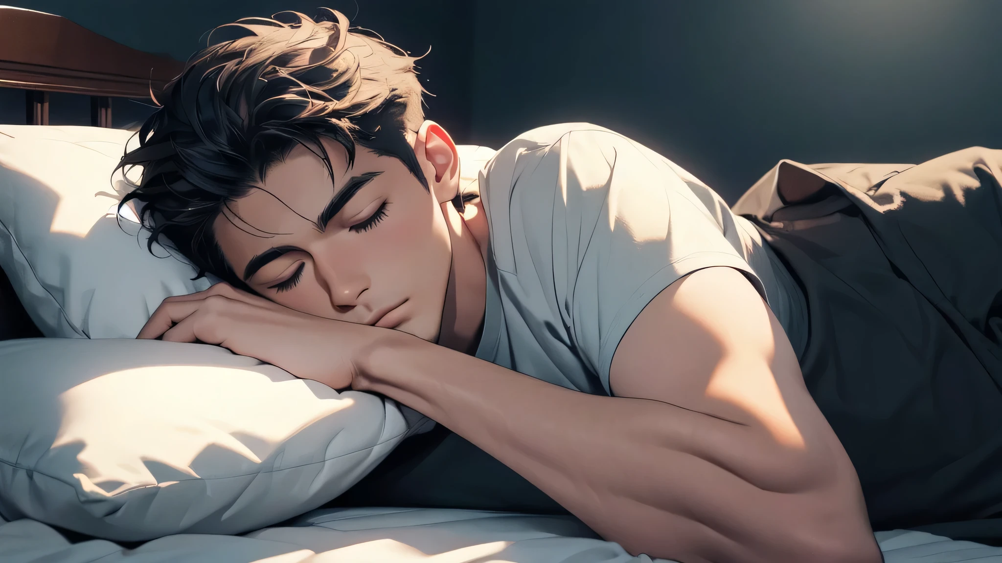 A man sleeping on a pillow,1st son, amazing, absurd,masterpiece,mackerel,intricately detailed,black t-shirt,detailed face,global illumination, night background