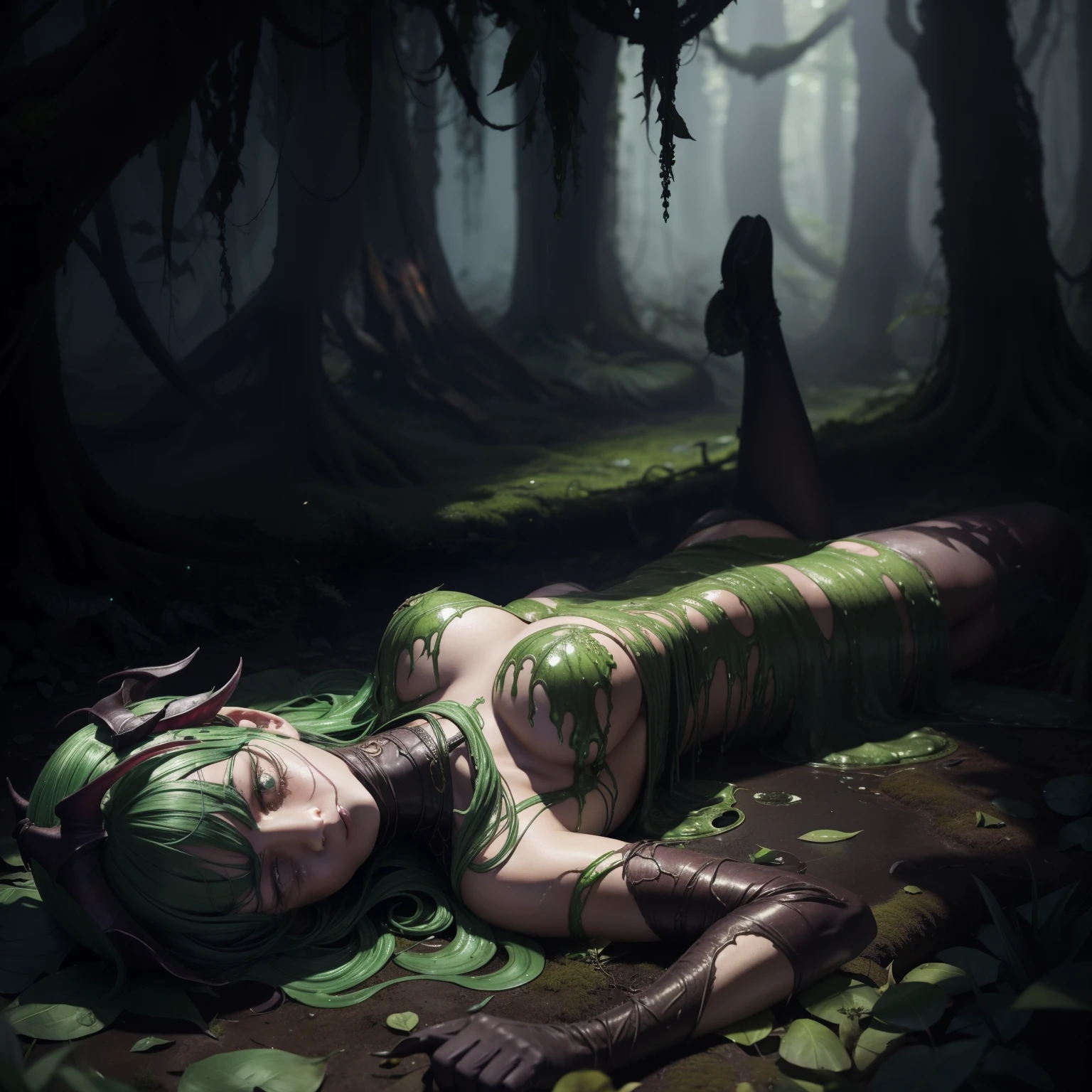 A succubus, with tears streaming down her face, lying on a bed of moss and leaves, her body contorted in pain and despair. The slime, a mass of shifting colors and textures, looms over her, its slimy tendrils still attached to her body, glistening with a sickly sheen. The scene is bathed in a dim, otherworldly glow, the light filtering through the leaves above casting long, twisted shadows on the succubus's torn and tattered clothes. Every detail is rendered in exquisite detail – the creases in her tears, the veins in her hands, the individual scales on the slime's body. The colors are rich