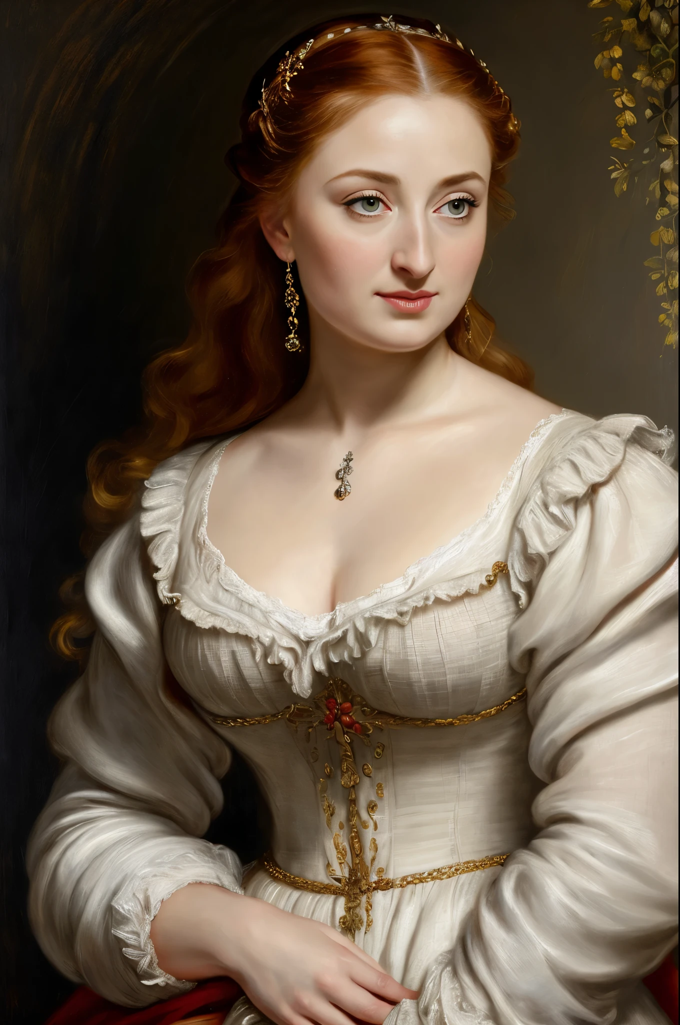 In Peter Paul Rubens style, captivating figure, thick figure, healthy beauty, portrait of Sansa Stark from game of thrones, Sansa Stark played by Sophie Turner, plump face, middle aged beautiful woman, traditional Linnen attire, linen slave clothes of mediaeval period, girl, middle ages, classicism, Peter Paul Rubens style, painting, traditional media, realistic, figurative, fine art, oil on canvas, HDR, 8K, original character, high resolution, high detail, focus on the face, by Peter Paul Rubens,