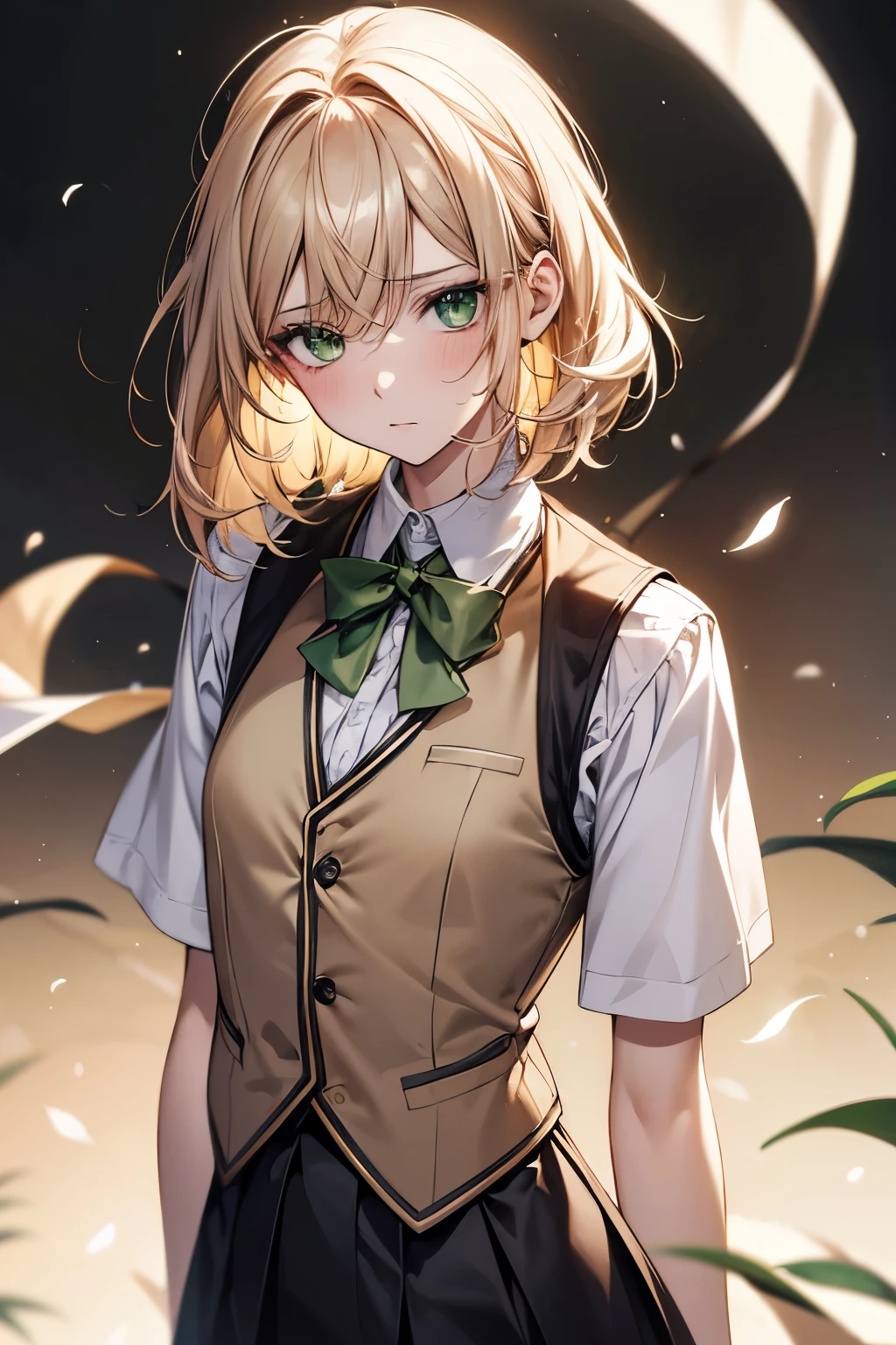best quality, super fine, 16k, incredibly absurdres, extremely detailed, intelligent beauty, blank look, blurry look, wistful look, ivory medium hair, wearing high school summer uniform, dull beige vest, green eyes, superlative body proportion, BREAK , background variety of visual styles that combine various artistic elements like a sparkling iridescent pastel and vivid colors