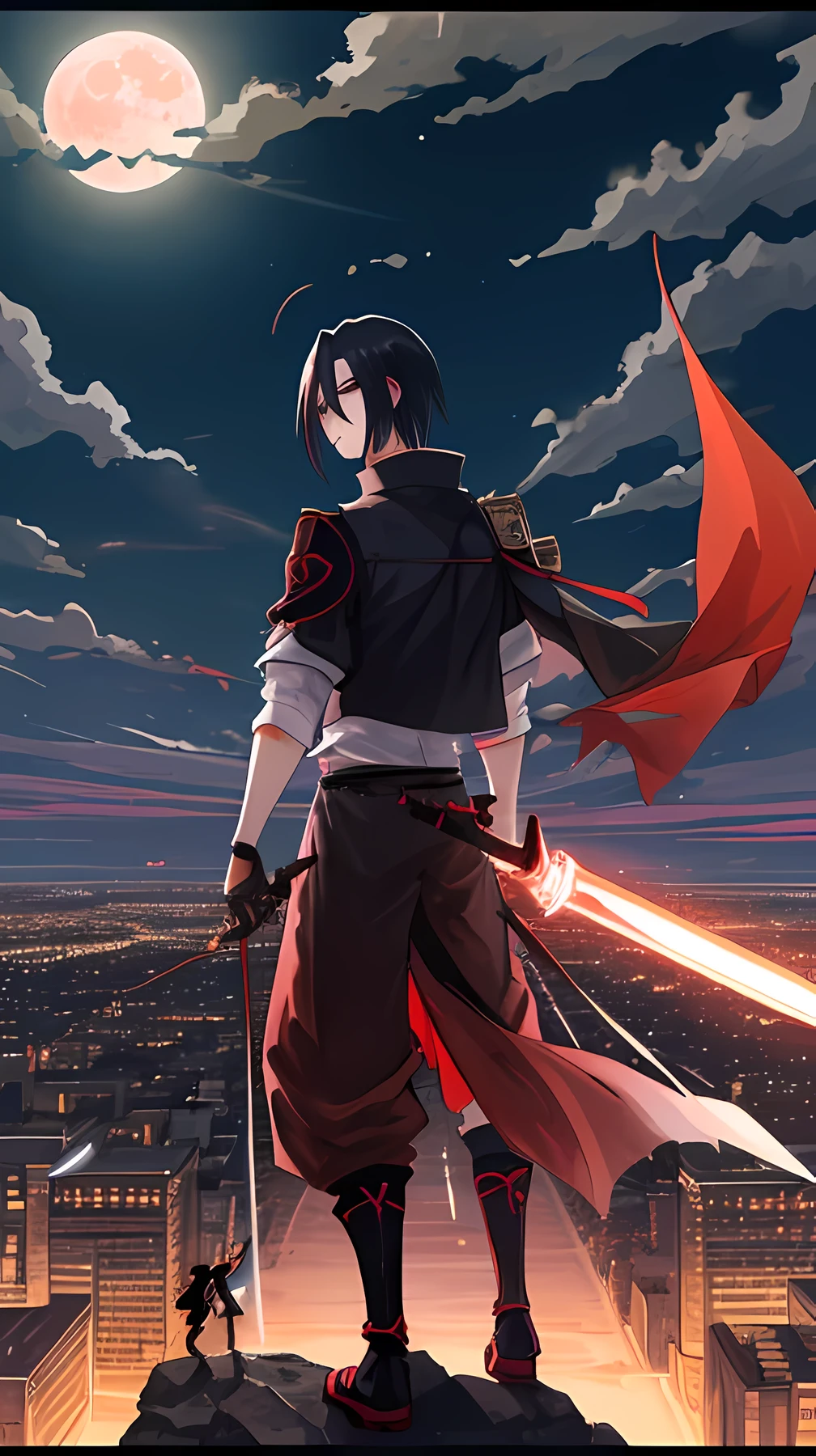 A young men holding a big shining burning sword sitting on top of a long street lamp like the anime character Itachi uchiha, looking at the city light, night scene, moon is shining, a night scenery, on the back of the charector "who_rex" is printed, long wide shot, hd, highly detailed, 