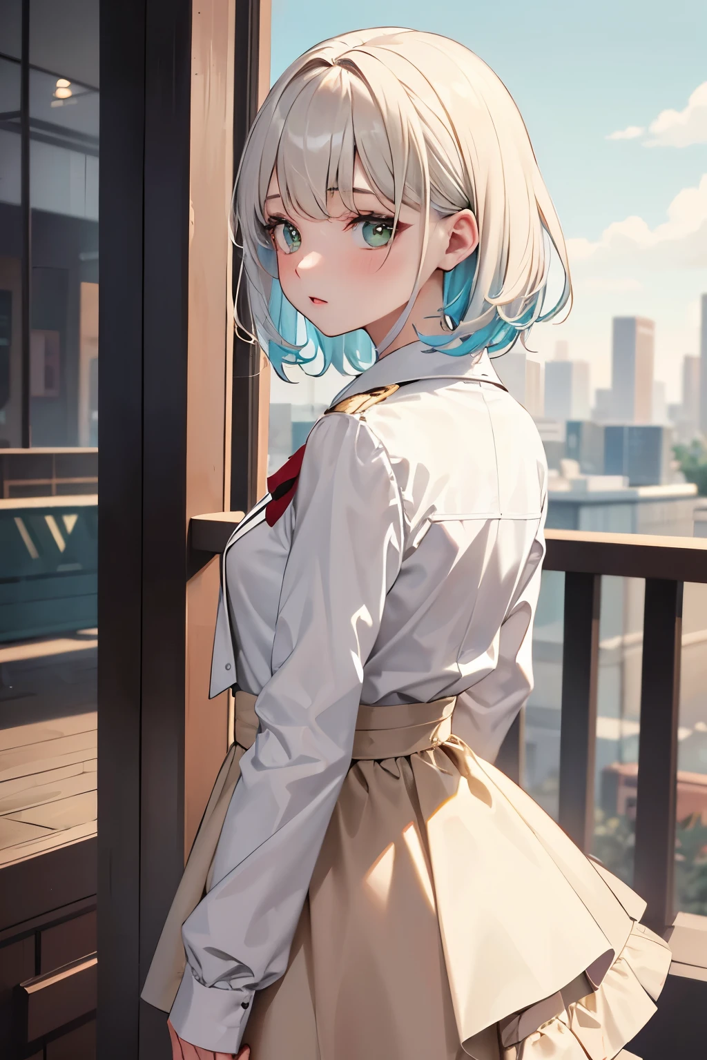 looking back, best quality, super fine, 16k, incredibly absurdres, extremely detailed, intelligent beauty, blank look, blurry look, wistful look, ivory medium hair, wearing high school summer uniform, dull beige cardigan, green eyes, BREAK , background variety of visual styles that combine various artistic elements like a sparkling iridescent pastel and vivid colors