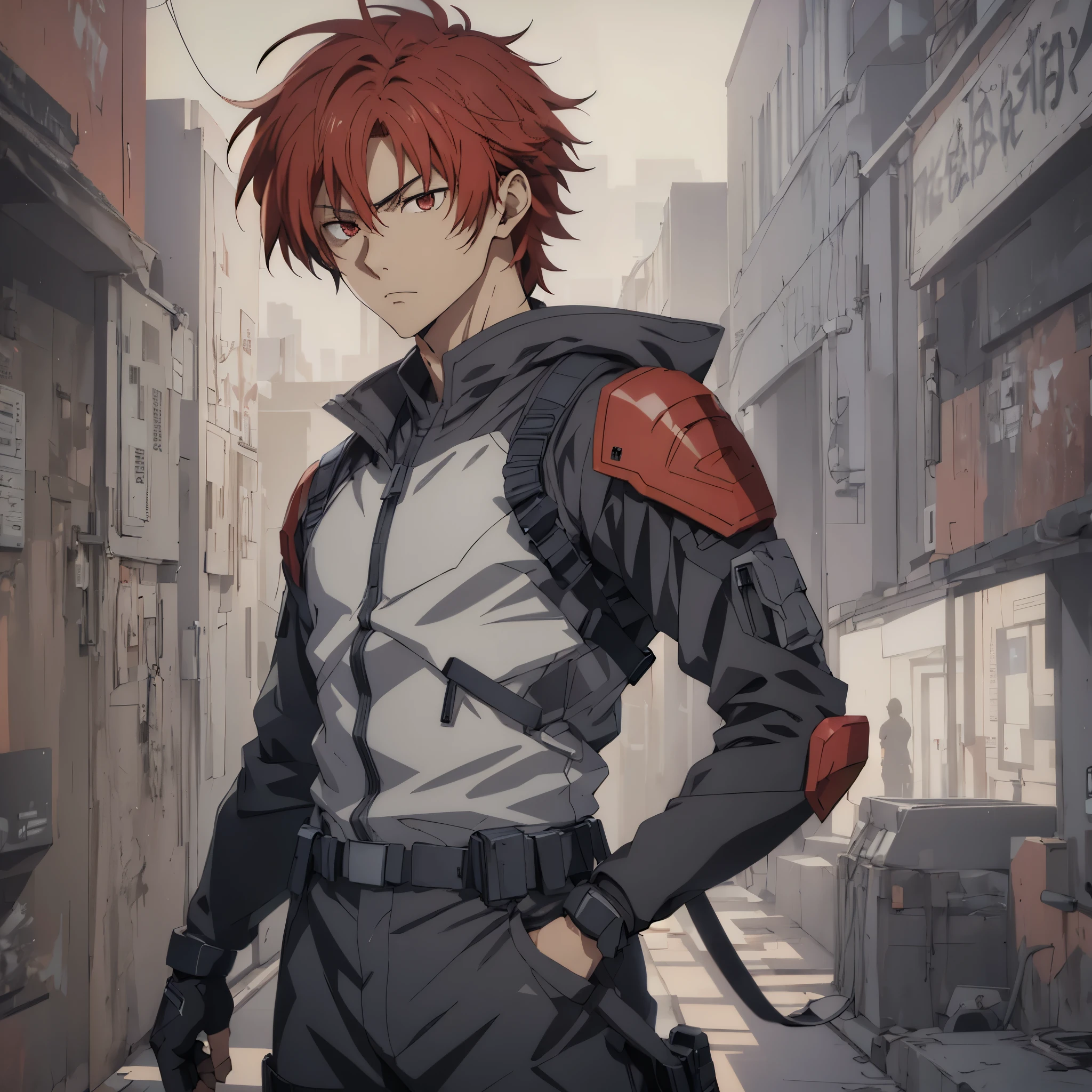 1 male, solo, red hair , 17 years old, looking away from the camera, anime character wearing combat suit, kaworu nagisa, anime handsome man, male anime character, tall anime guy with red eyes, hajime yatate, anime, fubuki, action anime pose, yukito kishiro, young anime man, official art, makoto kano, male anime style, masterpiece, rtx, ray tracing, highly detailed, best quality, official art
