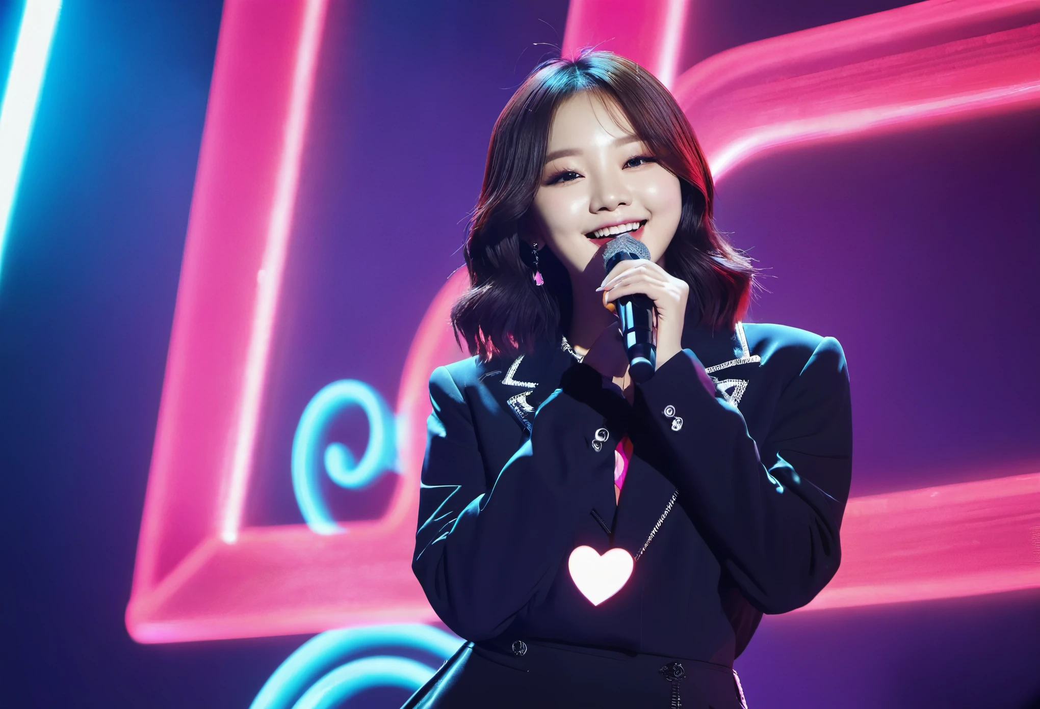 highres,best quality:1.2,ultra-detailed,realistic:1.37,kpop singer,neon sign,heart outlines, colorful,background, cute female singer, vibrant colors, stage performance, dynamic lighting, stylish outfit, charming smile, captivating gaze