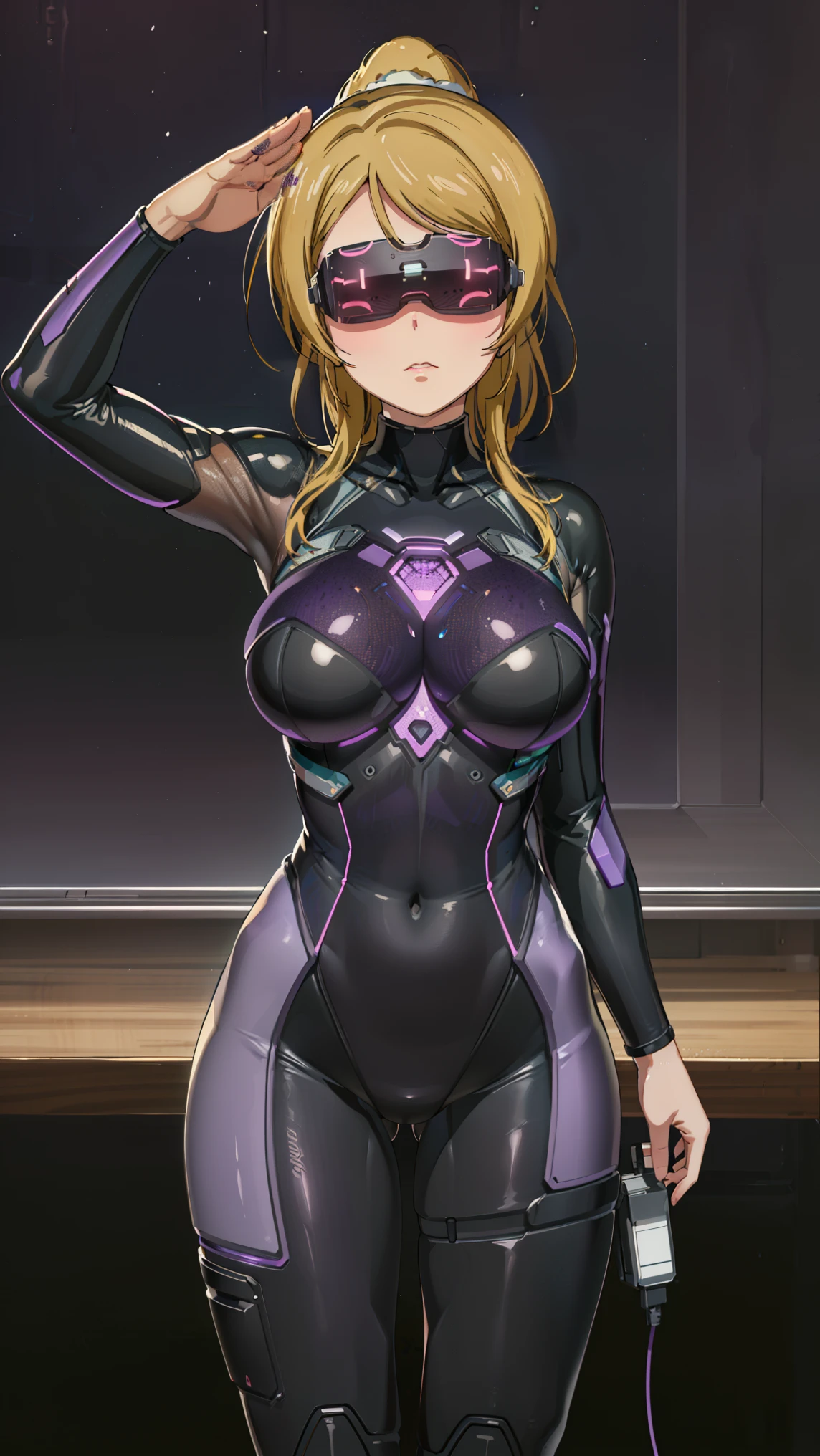 1 girl,NSFW,Ayase picture, (lovelive), VR visor, clavicle, absurd, brainwashing,Combatant, empty eyes,((purple glowing eyes 1.5))( huge breasts ), (stand up, salute)No expression, emotions removed,((black bodysuit)),look away , whole body shape,(highest quality、4k、8K、High resolution、must have:1.2)、Super detailed、(reality、It&#39;s realistic、realistic:1.37)、ticker、hyper hd、studio lighting、ultra definition paint、sharp focus、Physically based rendering、extreme details、Professional specifications、vibrancy and color、blurry、sports portrait、landscape、horror style、anime big breasts、SF、photograph、concept artist、five fingers, perfect body,  {{{masterpiece}}}, {{{highest quality}}}, {{Super detailed}}, {shape}, {{very delicate and beautiful}},Improved cost performance、all roles、Canon 5D MK4でphotograph、photograph, 