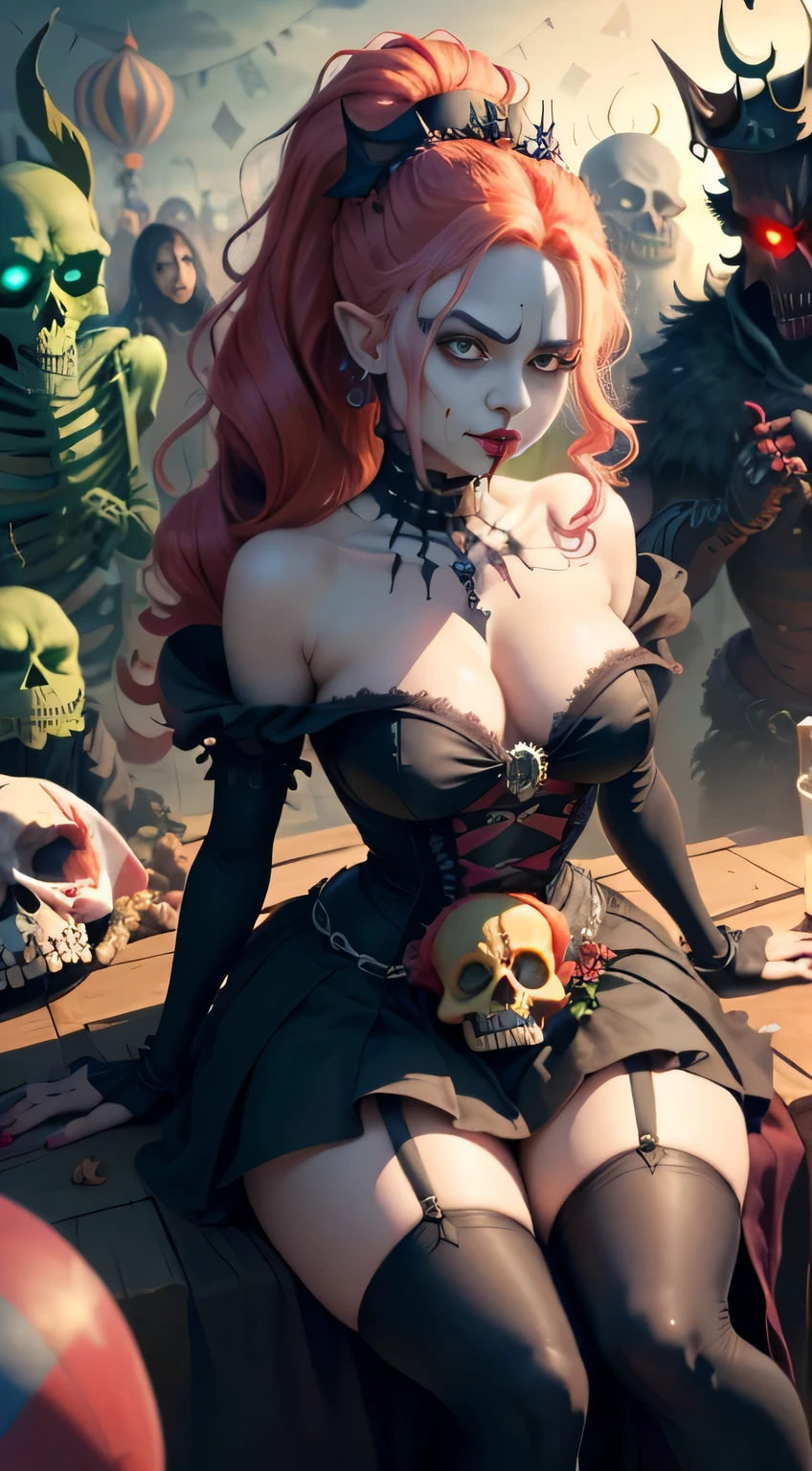 1. In a Pixar style, a gloomy Skeleton King with twisted, big-eyed expressions rules over his negative kingdom, surrounded by Colorful bones and skeletal minions. His calendar counts down the days until the next grim feast.
2. A pixarized Harley Quinn, with big, colorful hair and even bigger, expressive eyes, sits in a twisted, negative circus tent. Moping, she gazes at a calendar, her seventeenth birthday looming on the horizon. The atmosphere around her is gloomy and eerie.
3. A goblin, with big, expressive eyes and a gloomy, colorful complexion, wield