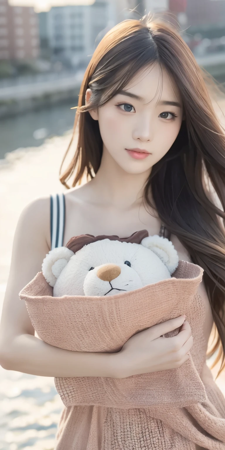 a girl walking on the river, mix 4, pillow, lips, Open_mouth, realistic, photograph_\(Moderate\), alone, Packed_animal, Packed_toy, teddy_bear, (masterpiece), (realism: 1.3), Super detailed, (high detail skin: 1.2), (highest quality: 1.0), (super resolution: 1.0), (Ulzzang-6500: 0.3), wavy detailed hair, long hair, sunlight, (beautiful detail makeup), (sexually aroused blush, heavy breathing: 1.0), Flower theme petals are scattered, (soft light flower: 0.5)