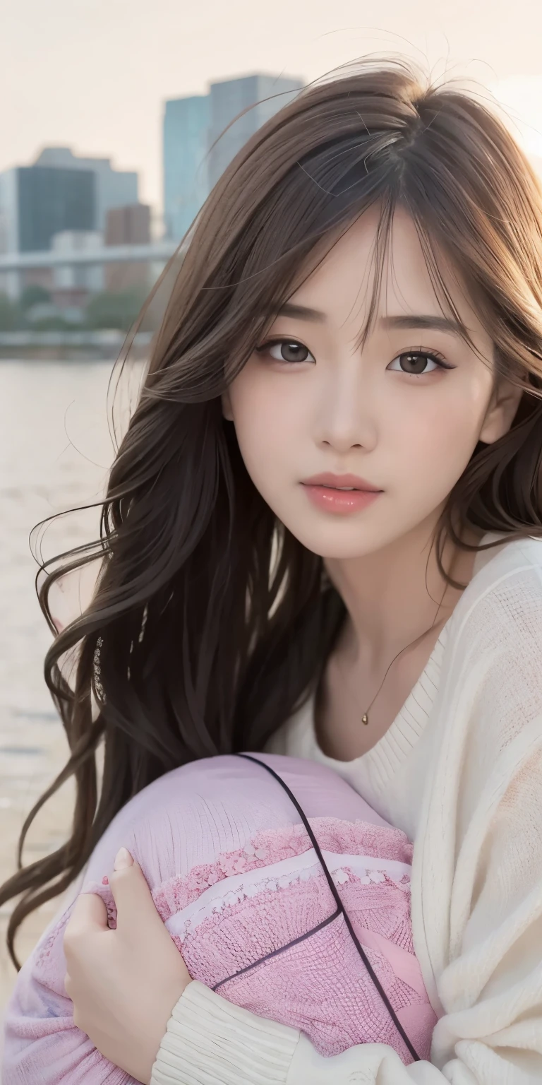 a girl walking on the river, mix 4, pillow, lips, Open_mouth, realistic, photograph_\(Moderate\), alone, Packed_animal, Packed_toy, teddy_bear, (masterpiece), (realism: 1.3), Super detailed, (high detail skin: 1.2), (highest quality: 1.0), (super resolution: 1.0), (Ulzzang-6500: 0.3), wavy detailed hair, long hair, sunlight, (beautiful detail makeup), (sexually aroused blush, heavy breathing: 1.0), Flower theme petals are scattered, (soft light flower: 0.5)