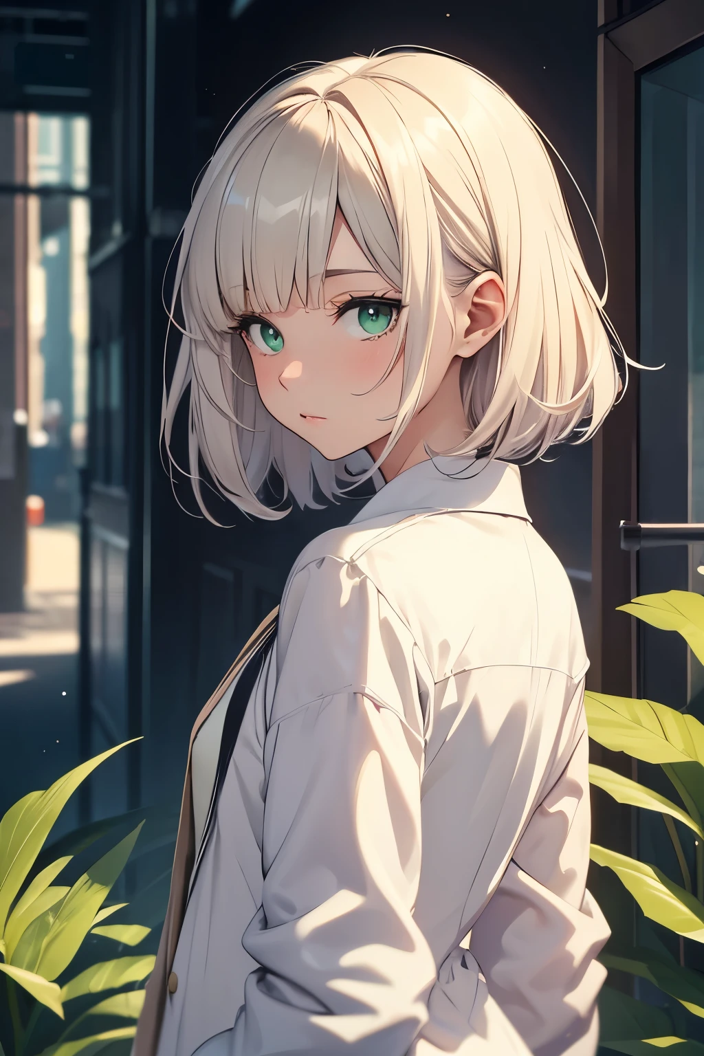 looking back, best quality, super fine, 16k, incredibly absurdres, extremely detailed, intelligent beauty, blank look, blurry look, wistful look, ivory medium hair, wearing high school summer uniform, dull beige cardigan, green eyes, BREAK , background variety of visual styles that combine various artistic elements like a sparkling iridescent pastel and vivid colors