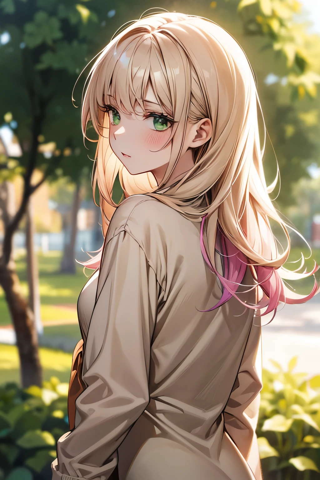 looking back, best quality, super fine, 16k, incredibly absurdres, extremely detailed, intelligent beauty, blank look, blurry look, wistful look, ivory medium hair, wearing high school summer uniform, dull beige cardigan, green eyes, BREAK , background variety of visual styles that combine various artistic elements like a sparkling iridescent pastel and vivid colors