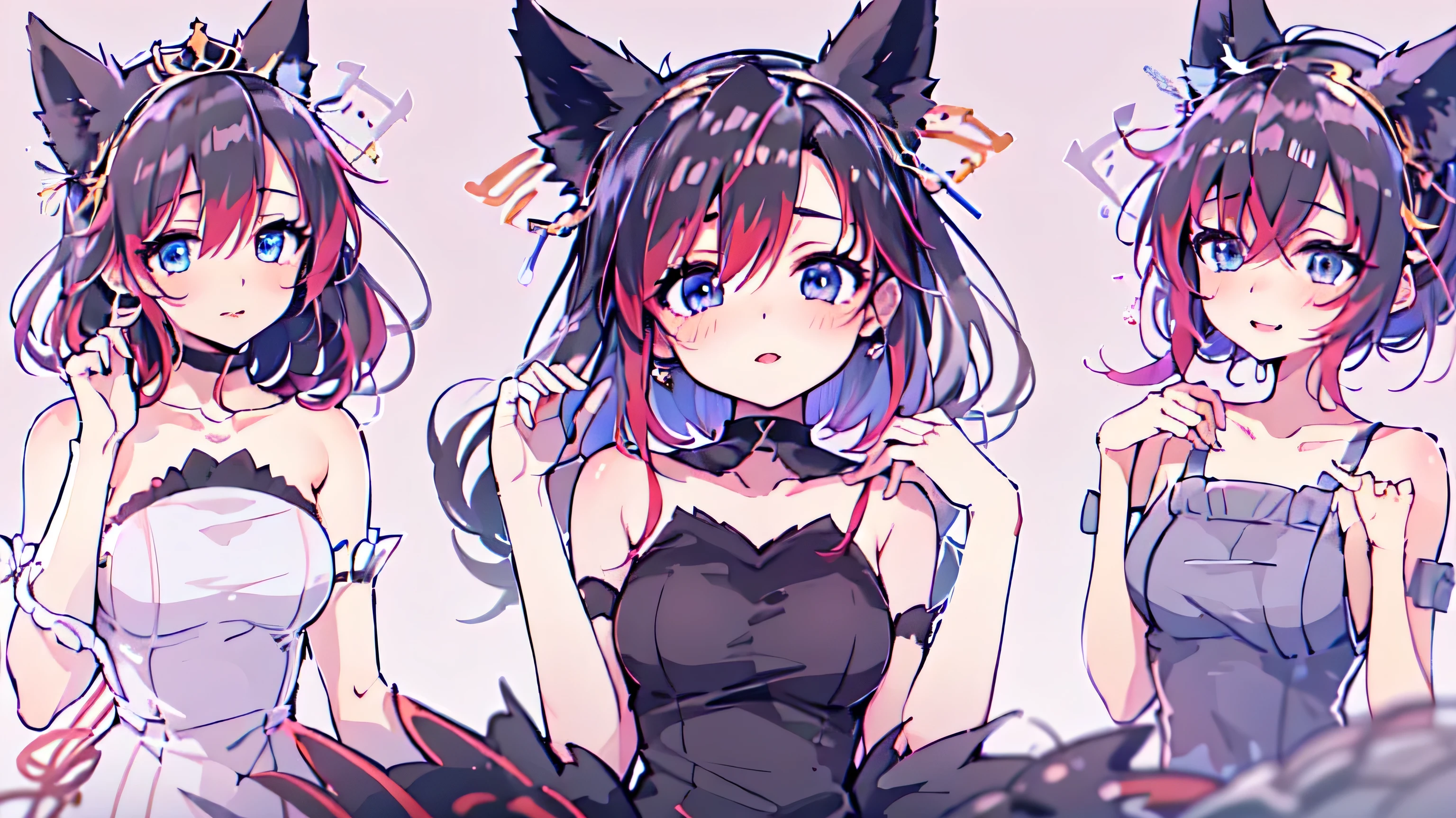 Purple eyes, purple dress, pretty girl, anime style, foxgirl, skinny, short black hair, 8k, hi-res, black collar, earrings, cute foxgirl, fox tail, ((princess tiara))