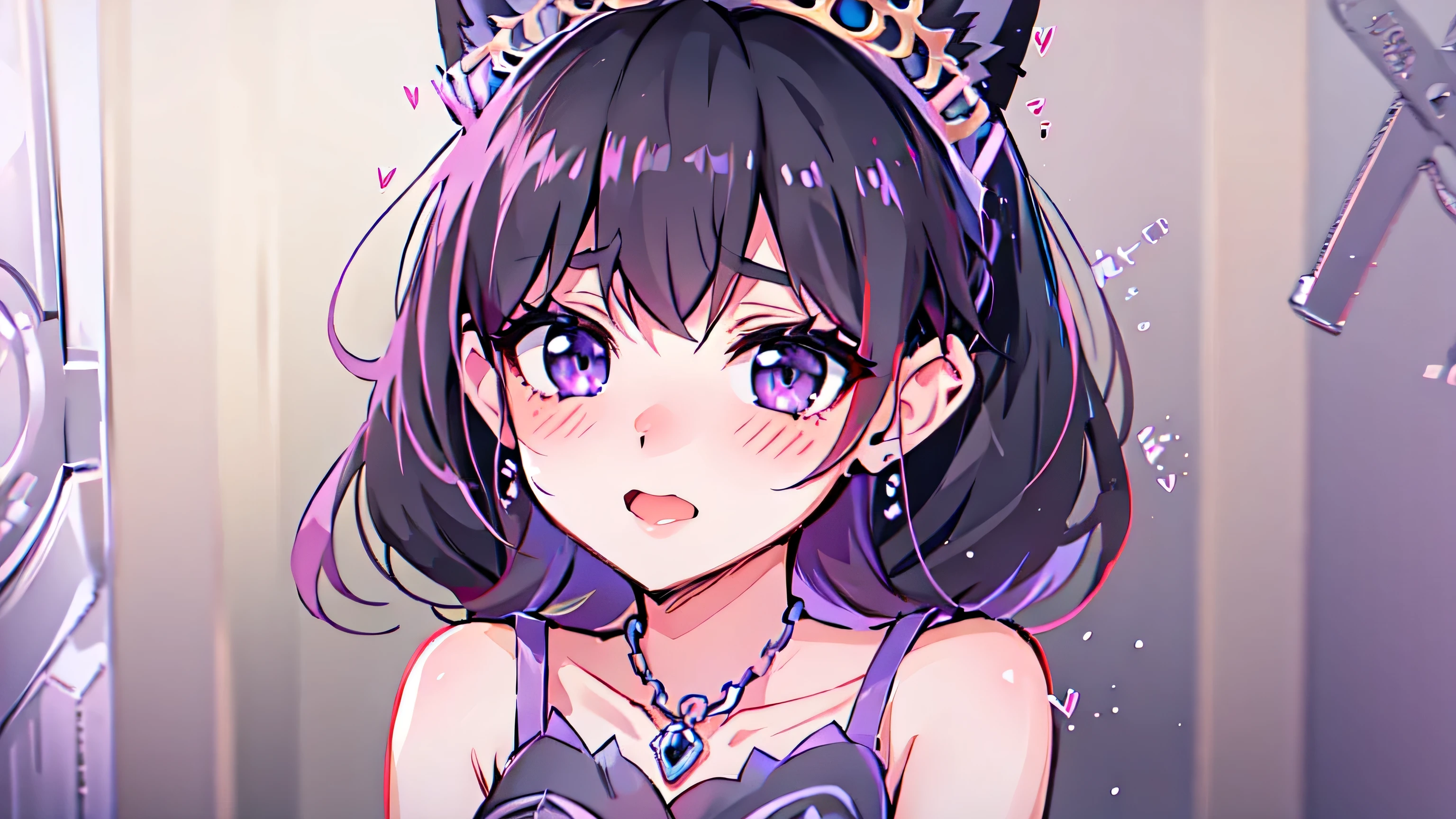 Purple eyes, purple dress, pretty girl, anime style, foxgirl, skinny, short black hair, 8k, hi-res, black collar, earrings, cute foxgirl, fox tail, ((princess tiara))