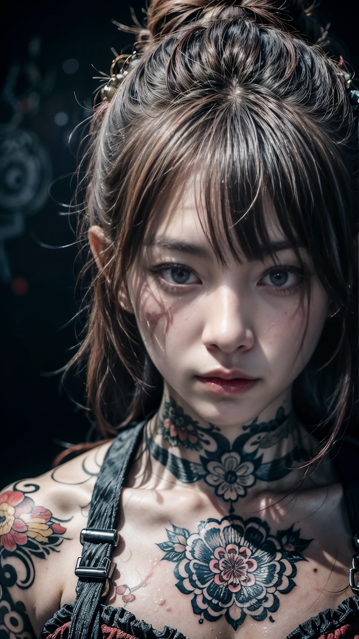 A portrait of a beautiful japanese woman with (irezumi tattoo:1.2), traditional buns hair with bangs, red hair, detailed grayish white eyes, she looks anger and badly wet, (her body was covered in scars from the torture), dynamic lighting, photon mapping, foggy atmosphere, shogun armor background