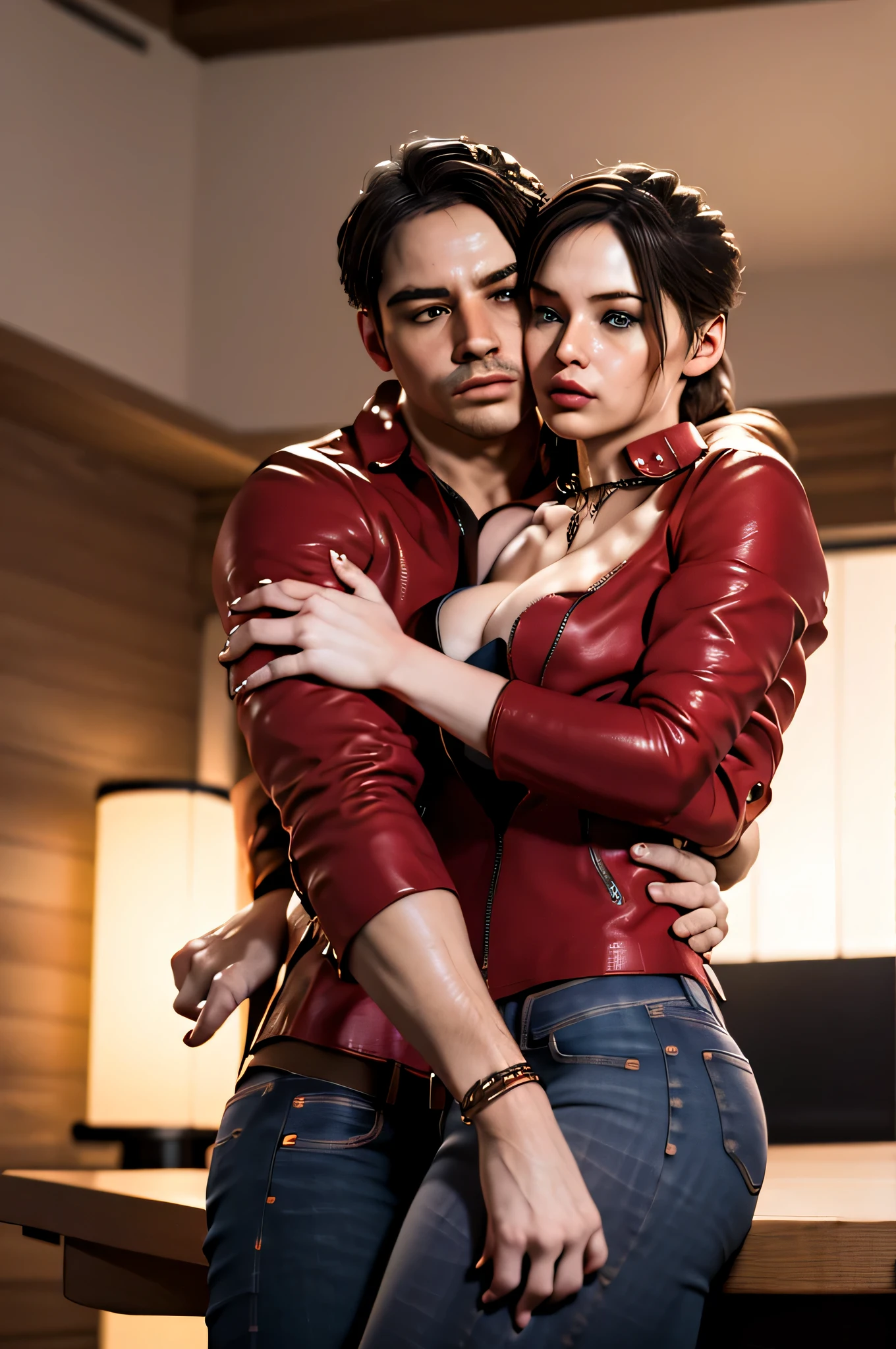 (masterpiece, best quality), 1girl and 1 man, claireredfield2, wear jeans, the man hug her in the back, open her chain
